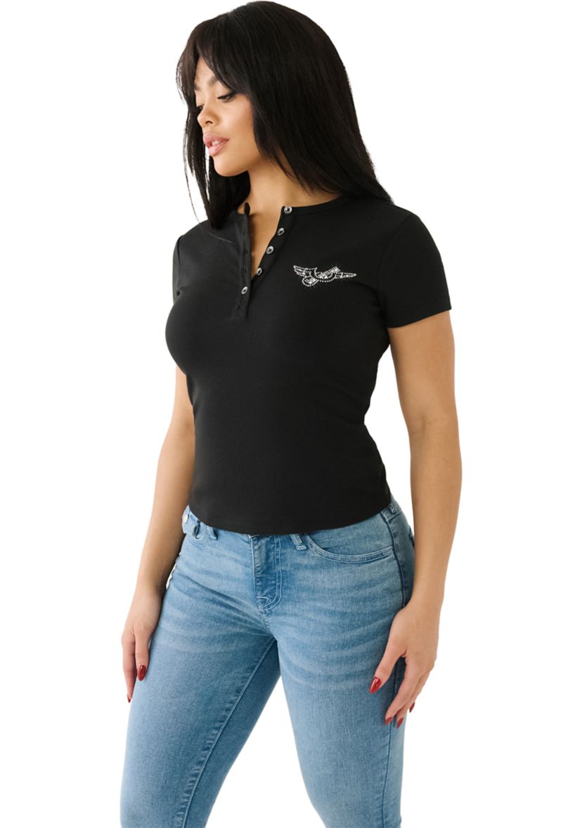 Womens Crystal Horsehoe Wing Rib Henley Top