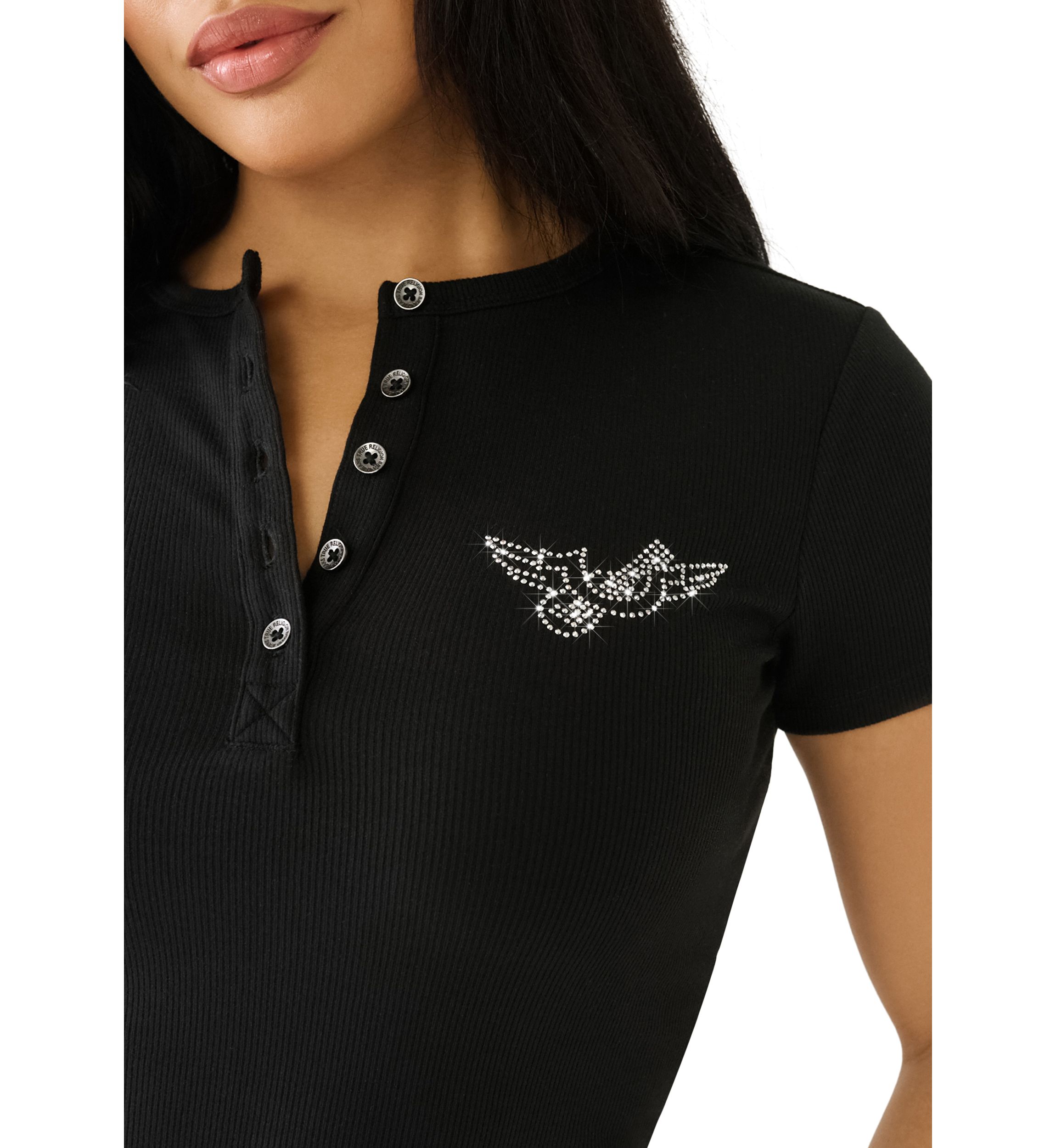 Womens Crystal Horsehoe Wing Rib Henley Top
