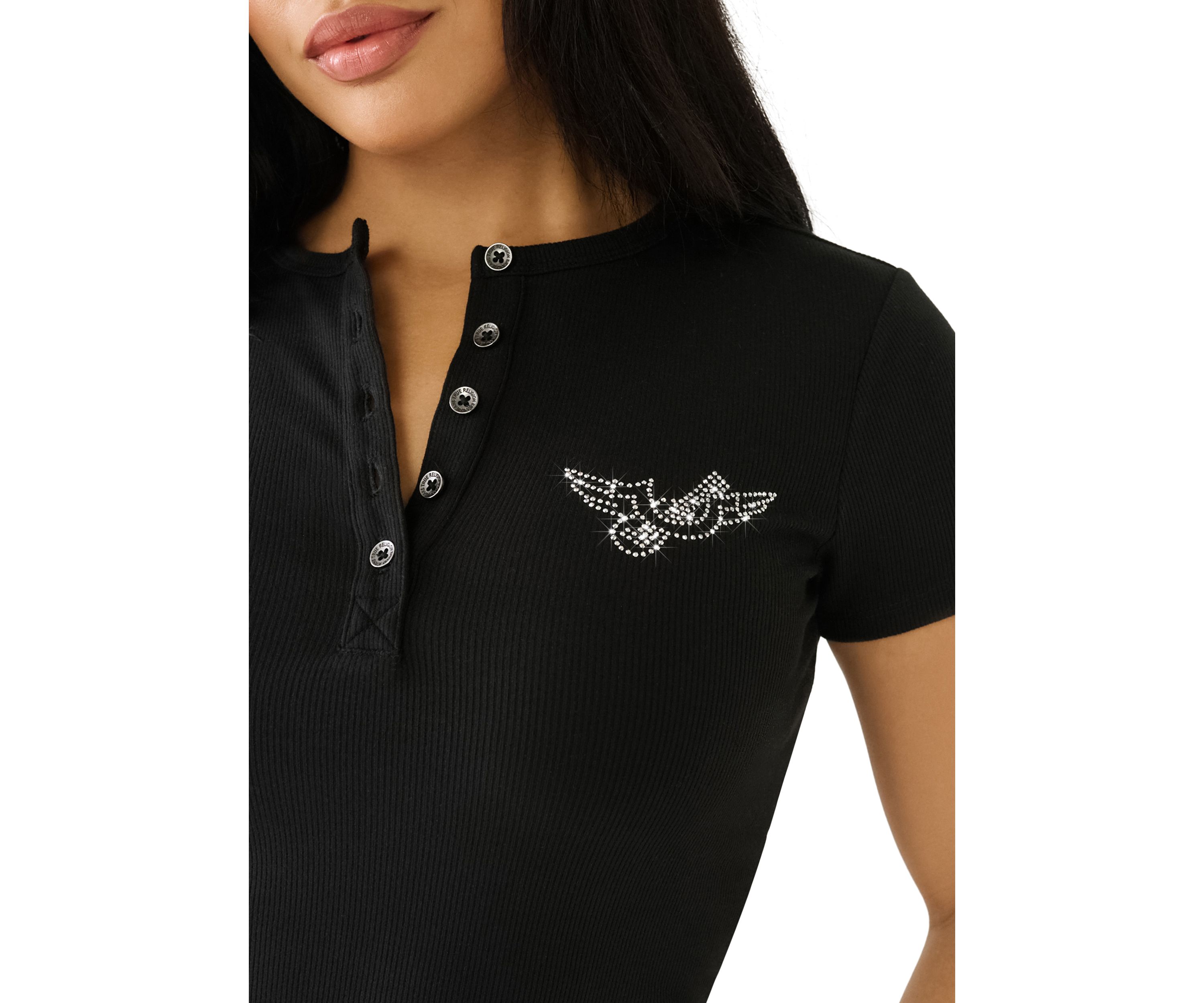 Womens Crystal Horsehoe Wing Rib Henley Top