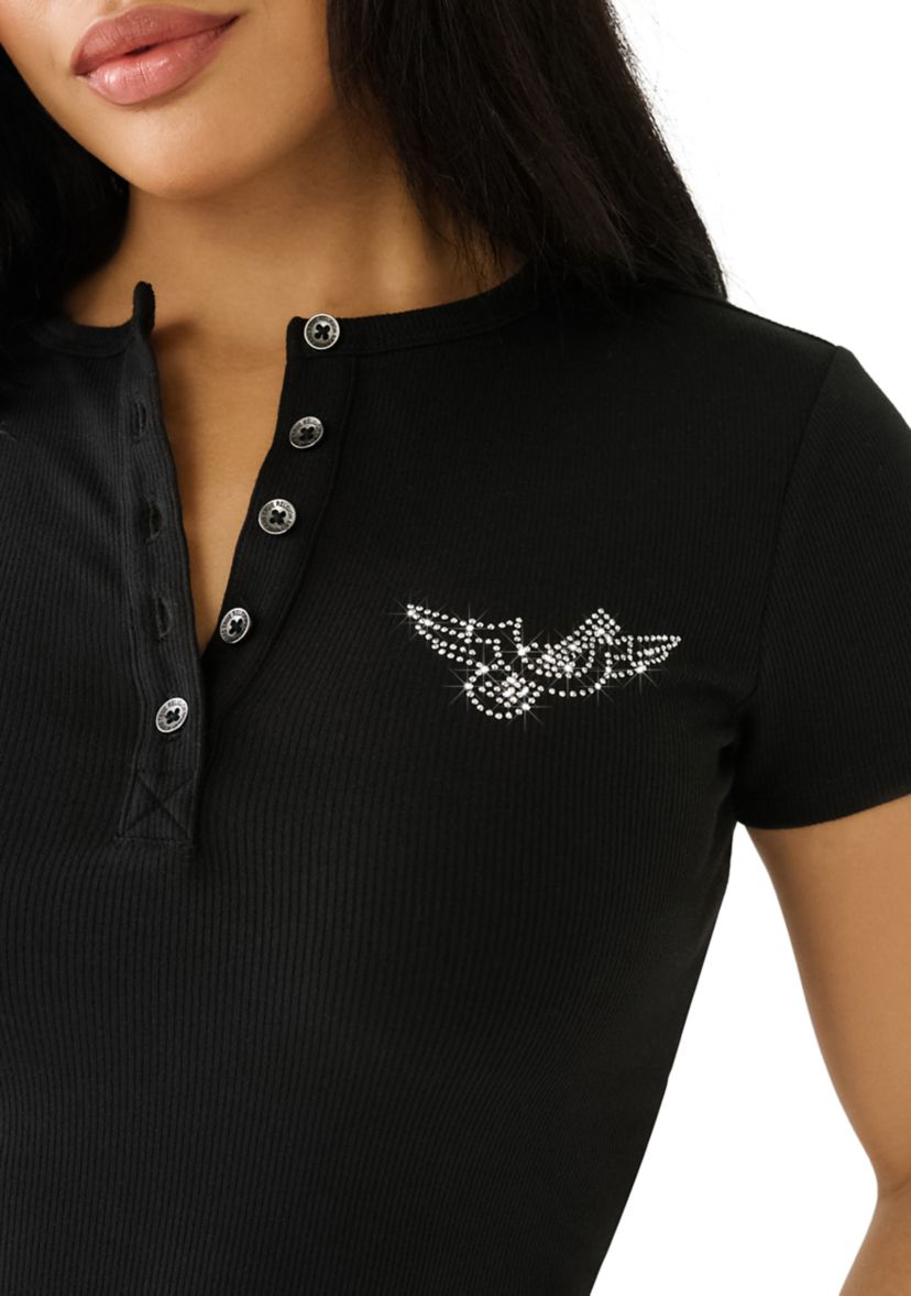 Womens Crystal Horsehoe Wing Rib Henley Top