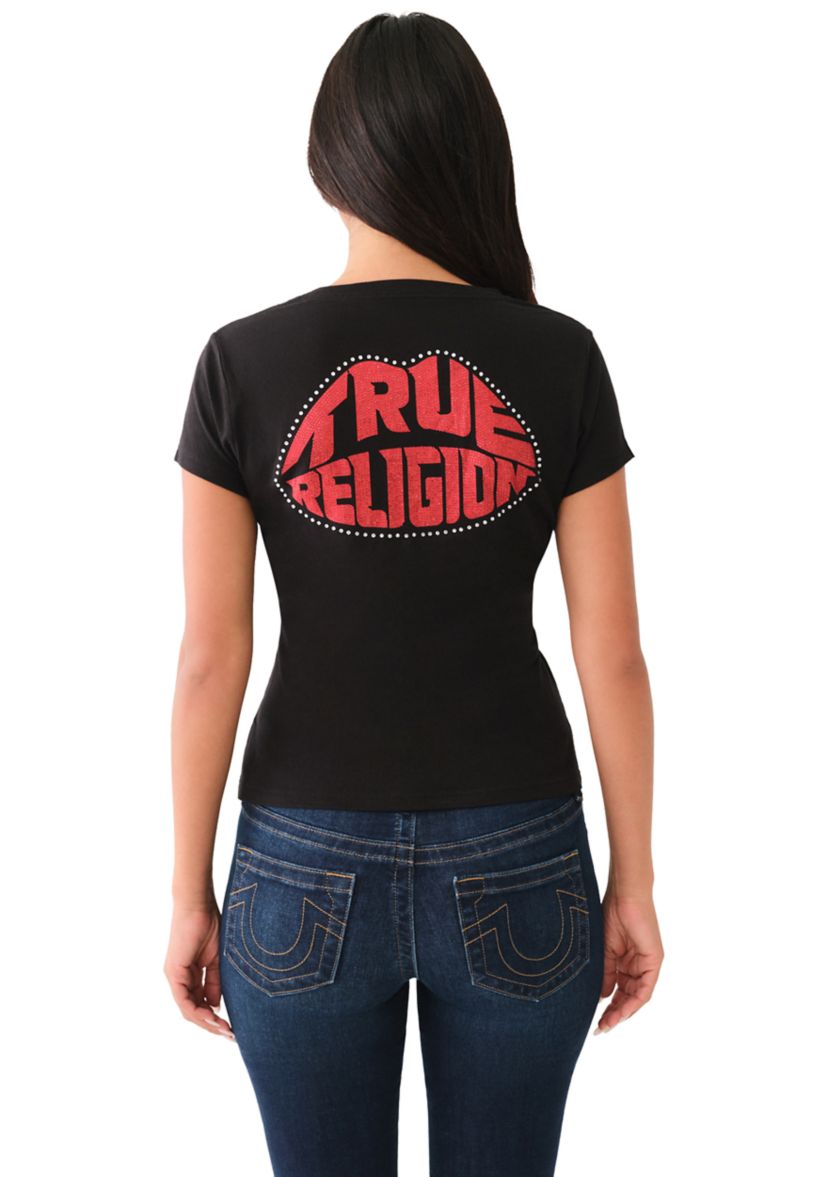 Womens Crystal Lips Logo Short Sleeve Graphic T-Shirt
