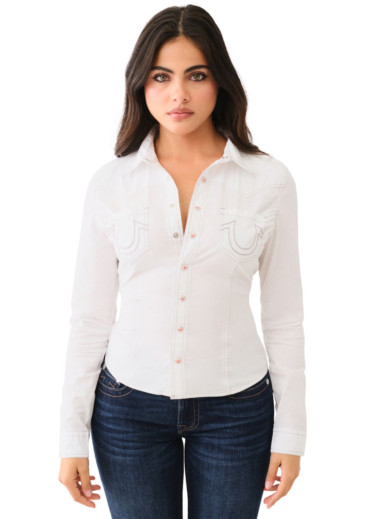 Womens Seamed Long Sleeve Button Front Shirt