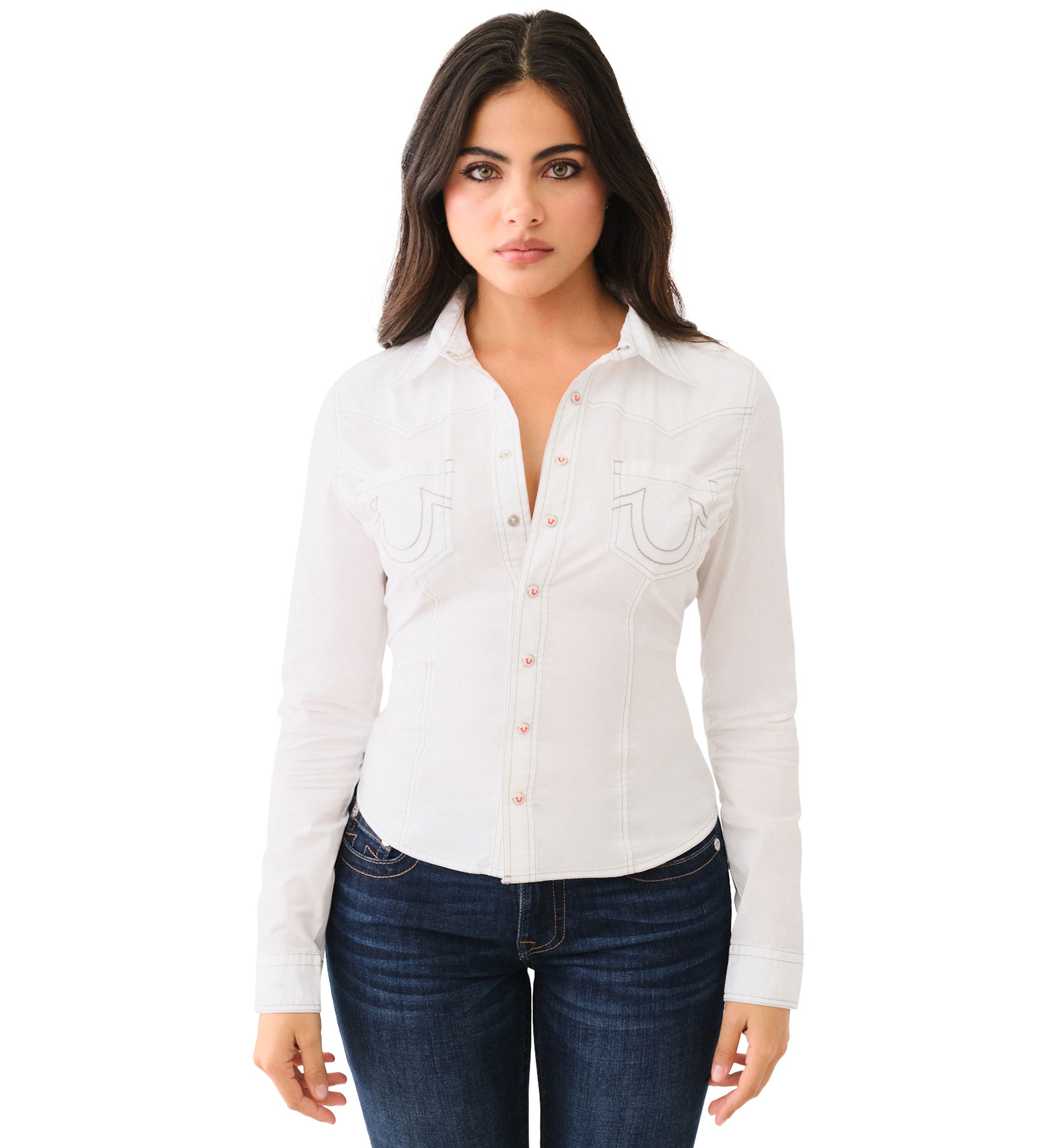 Womens Seamed Long Sleeve Button Front Shirt