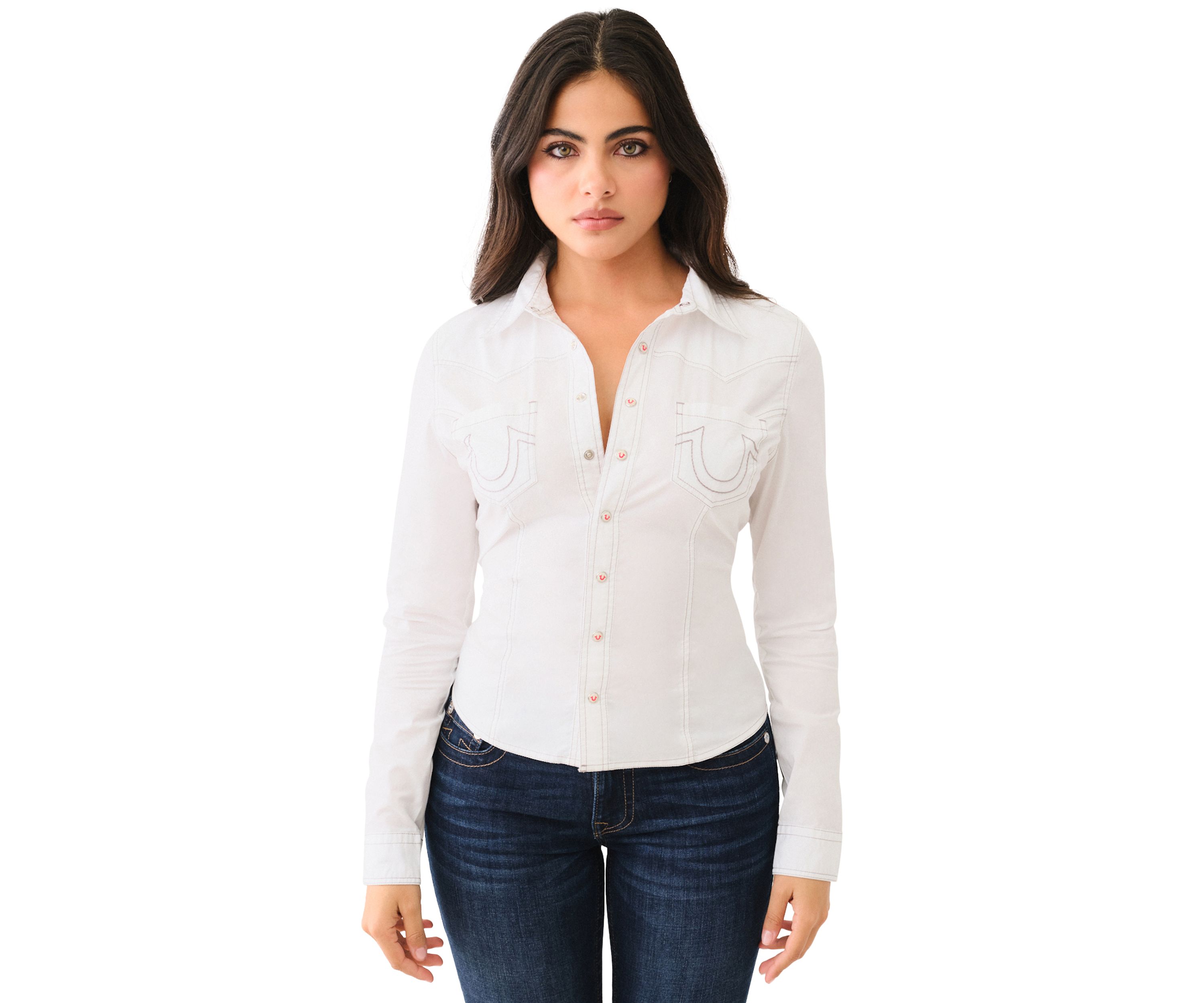Womens Seamed Long Sleeve Button Front Shirt