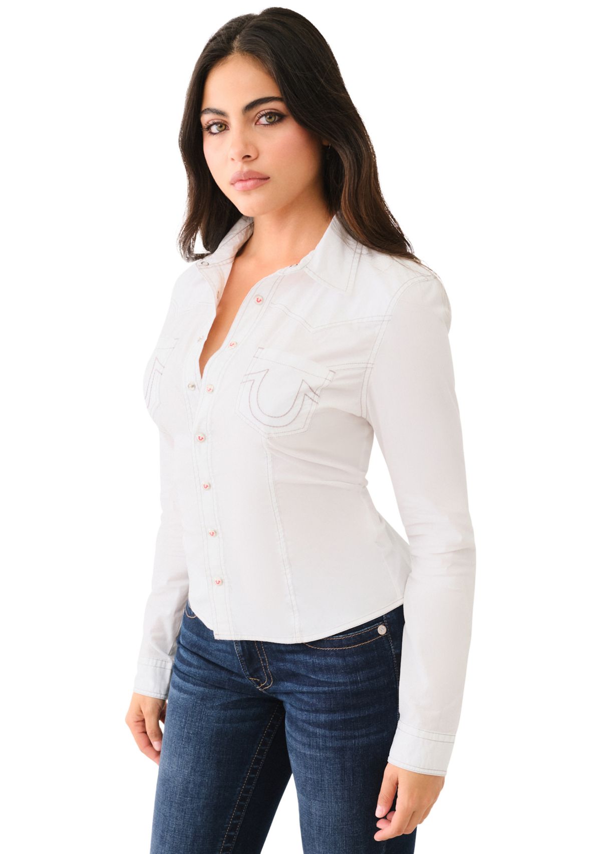 Womens Seamed Long Sleeve Button Front Shirt