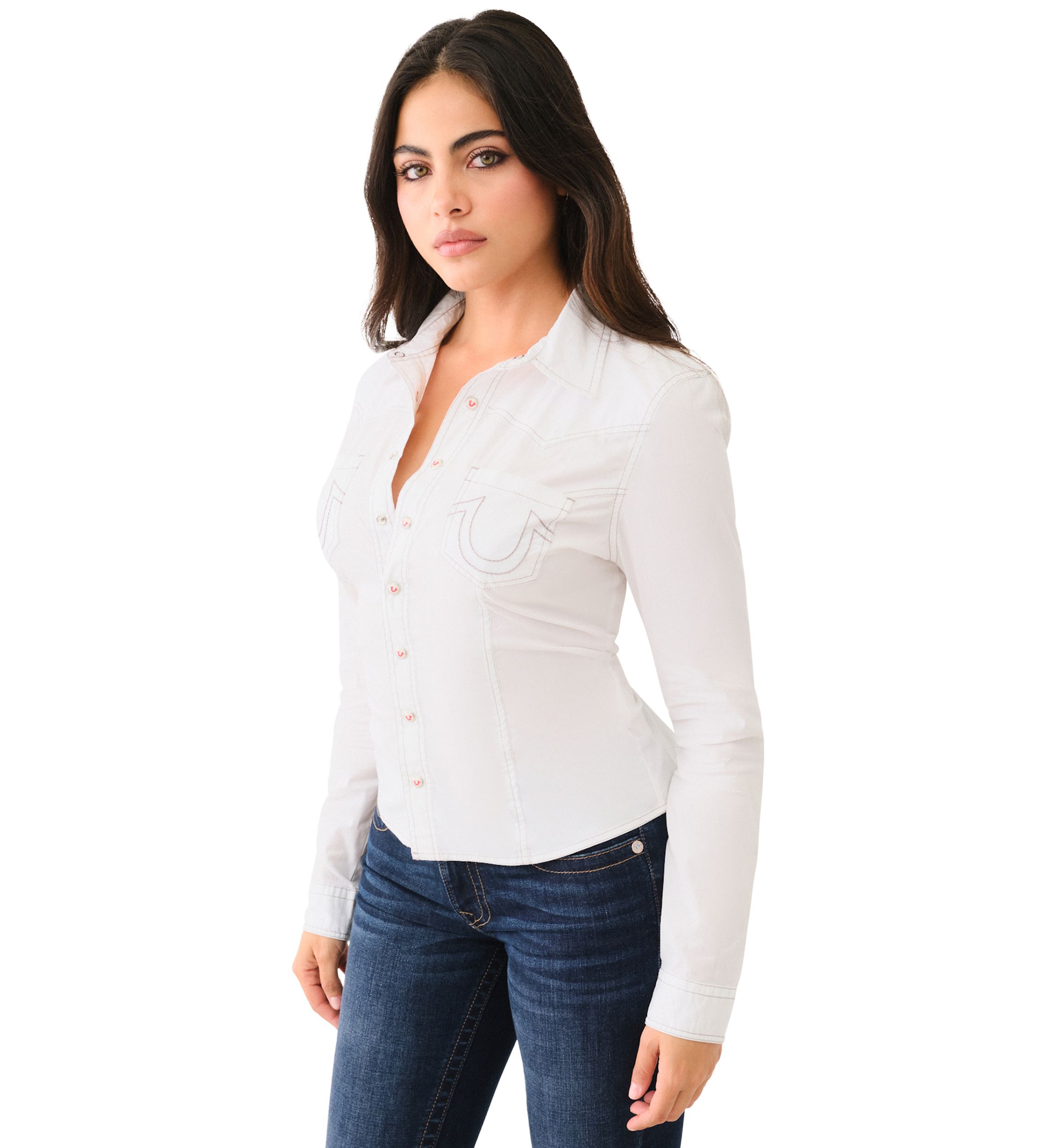 Womens Seamed Long Sleeve Button Front Shirt