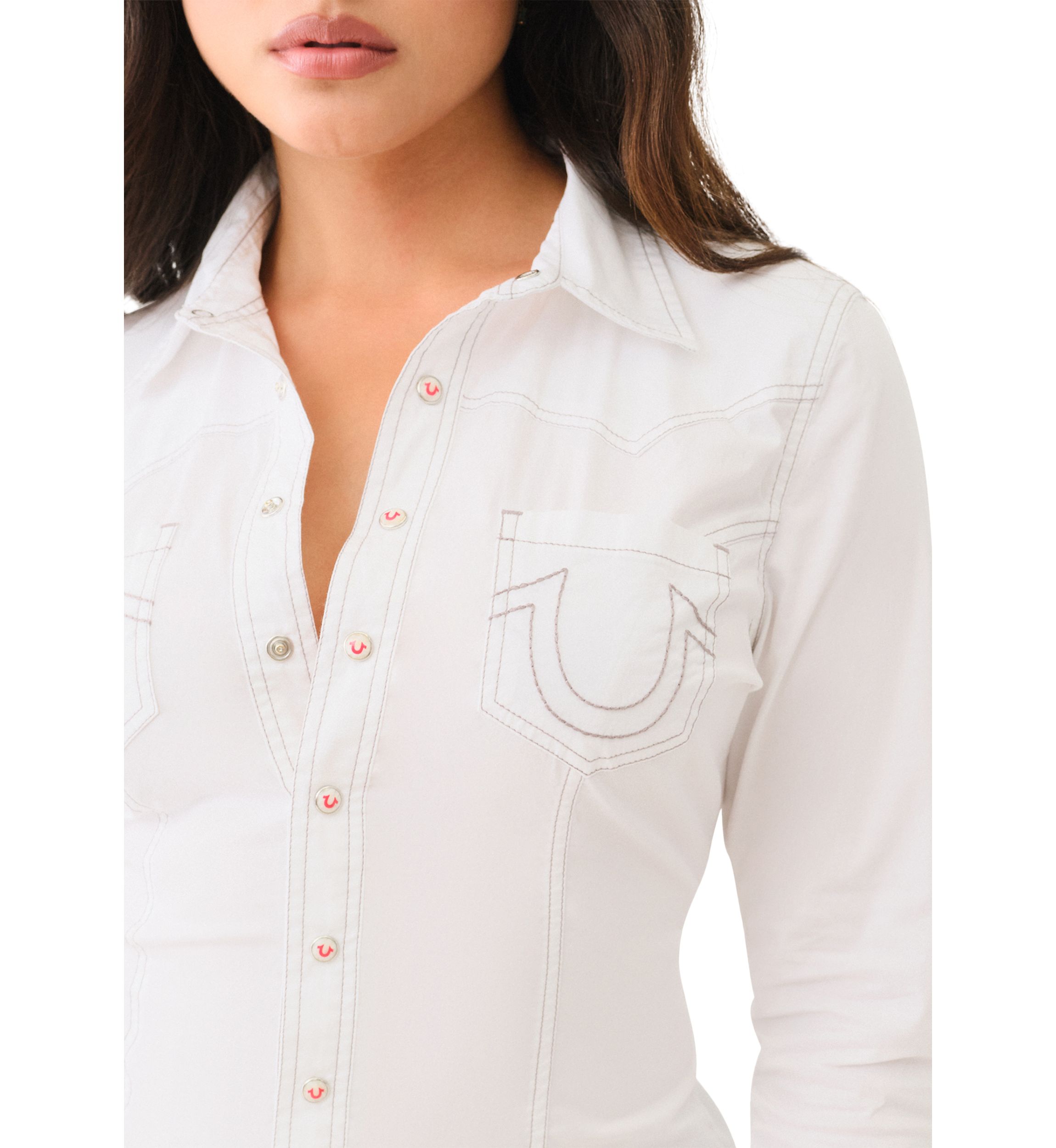 Womens Seamed Long Sleeve Button Front Shirt
