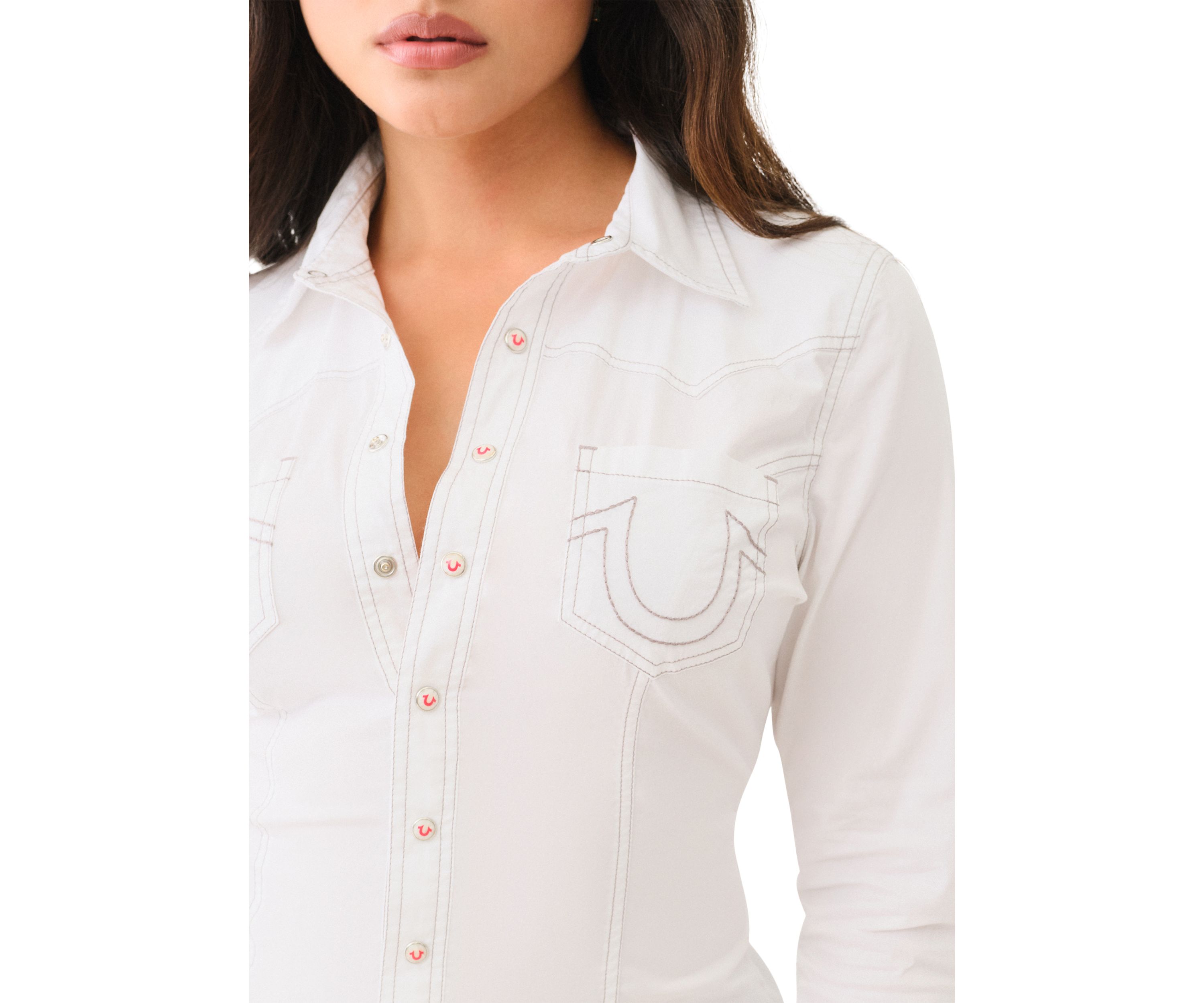 Womens Seamed Long Sleeve Button Front Shirt