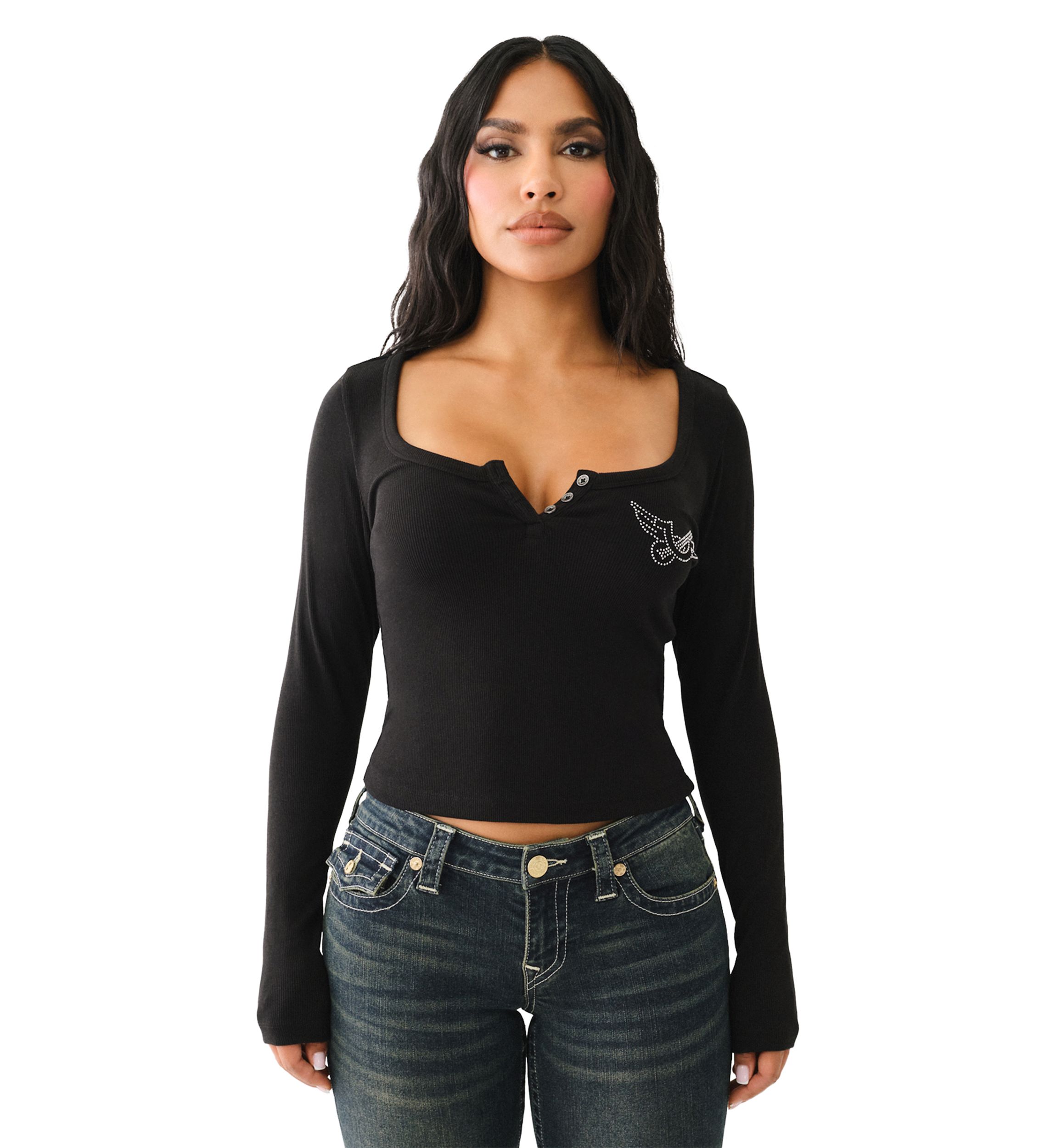 Crystal Wings Ribbed Long Sleeve Henley T-Shirt