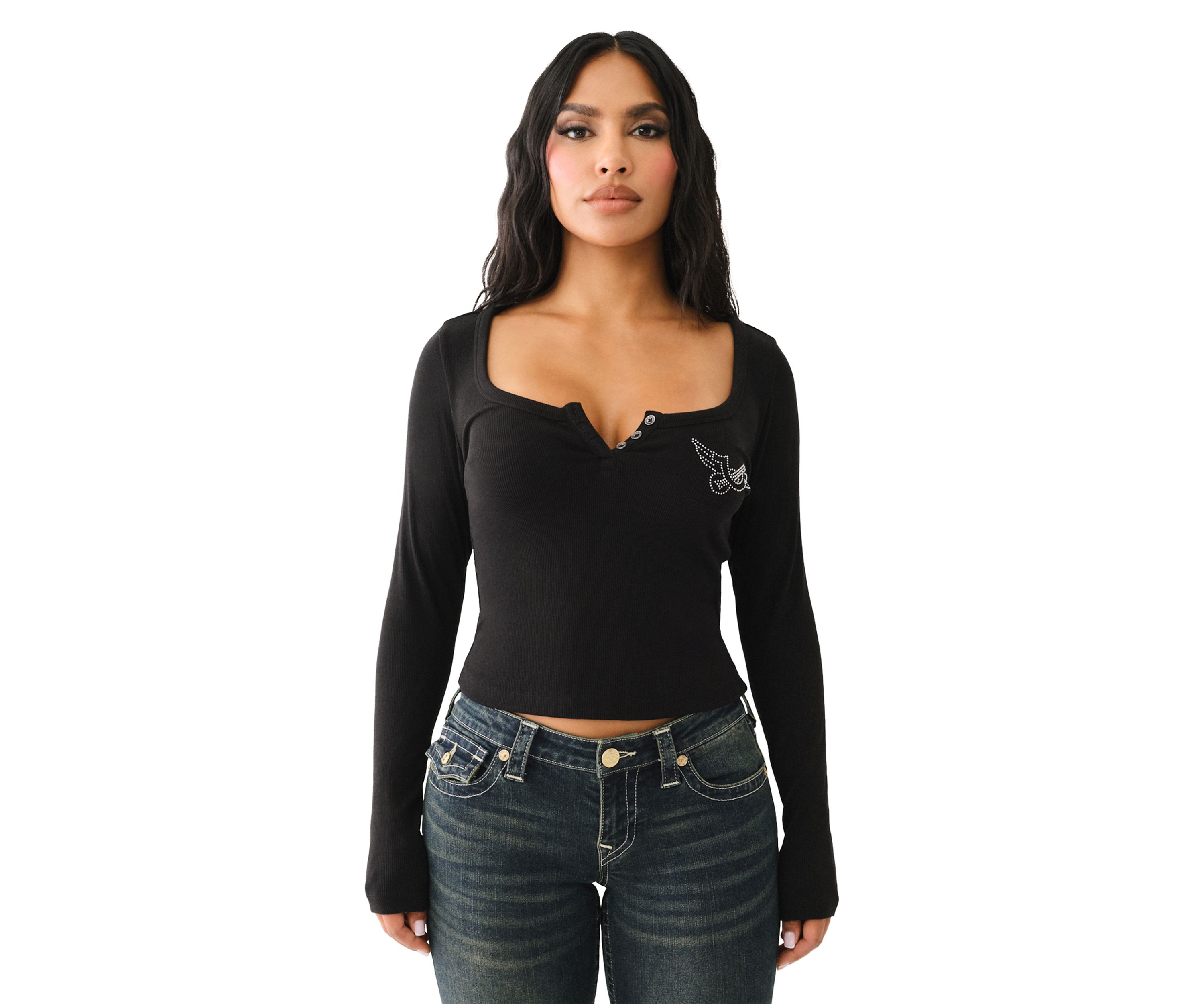 Crystal Wings Ribbed Long Sleeve Henley T-Shirt