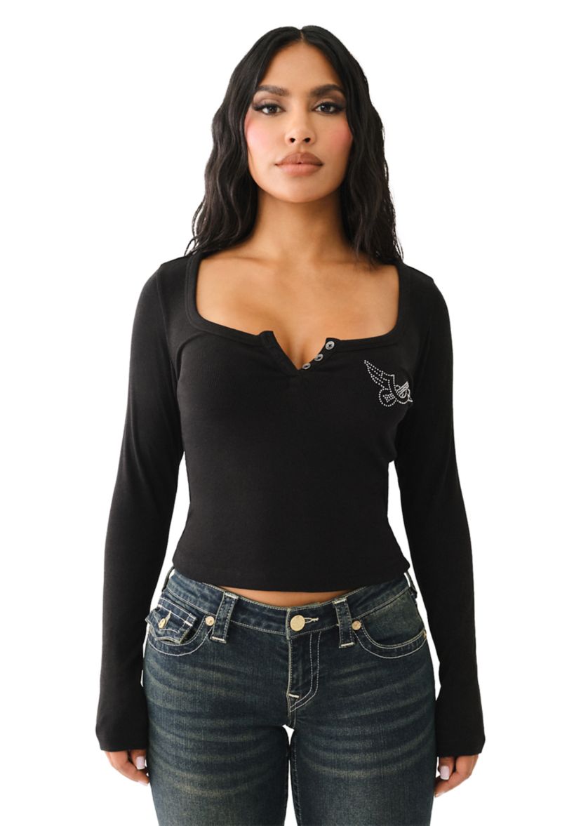 Crystal Wings Ribbed Long Sleeve Henley T-Shirt