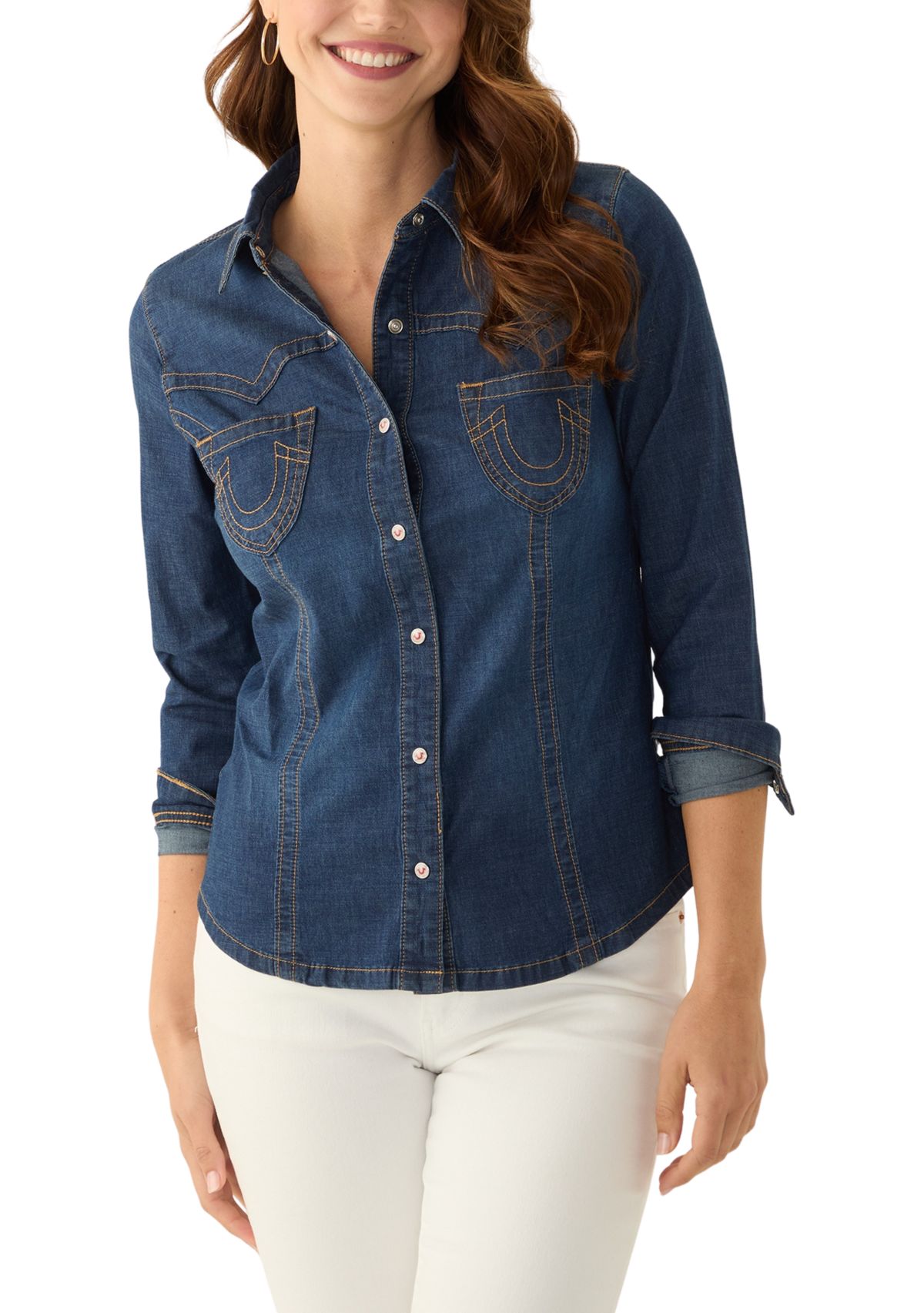 Womens Seamed Long Sleeve Button Front Shirt