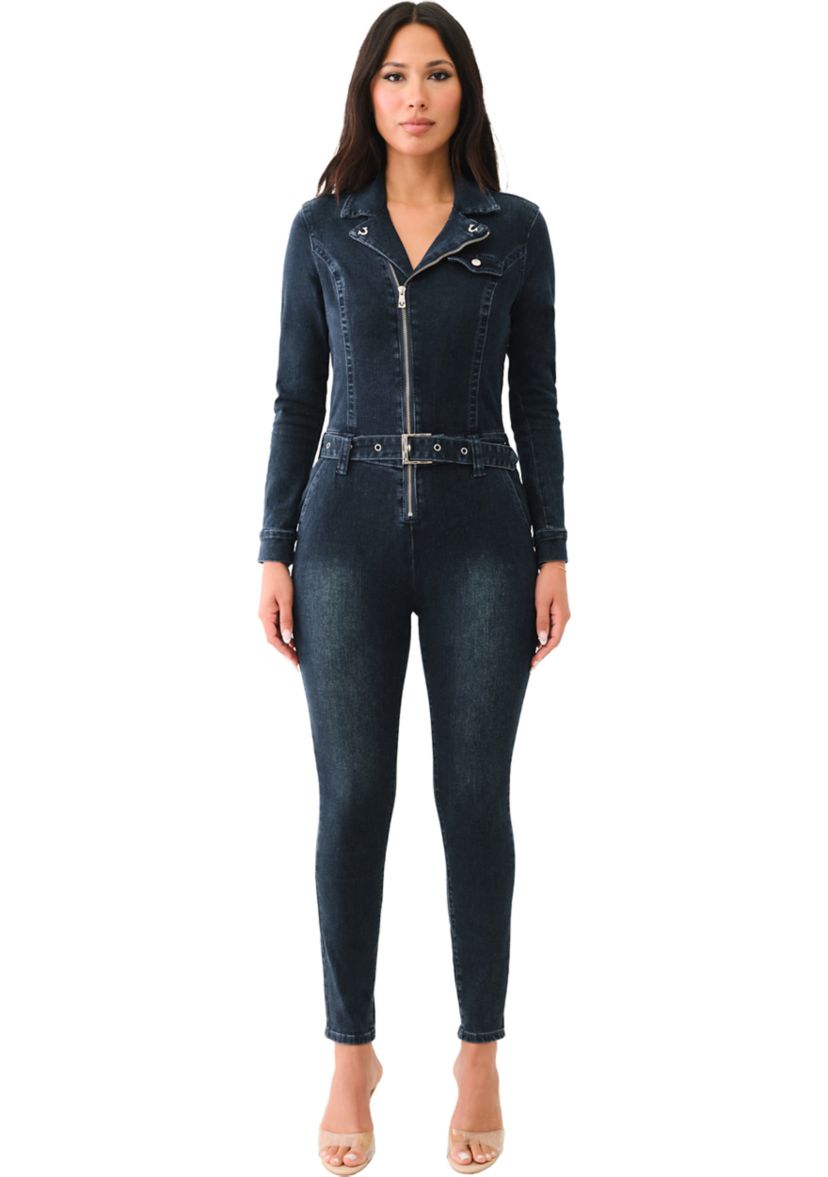 Womens Denim Moto Jumpsuit