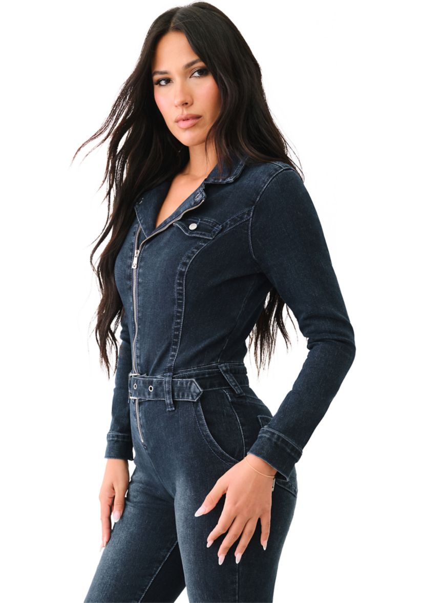 Womens Denim Moto Jumpsuit