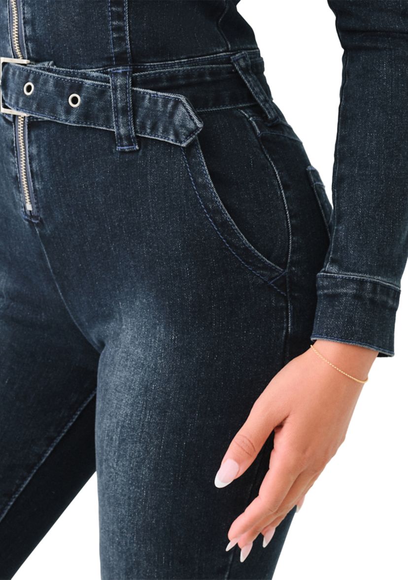 Womens Denim Moto Jumpsuit