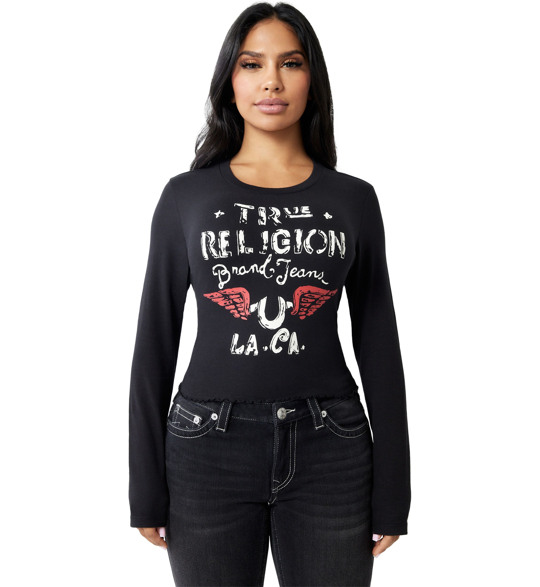 Womens Distressed Wings Logo Long Sleeve Baby T-Shirt