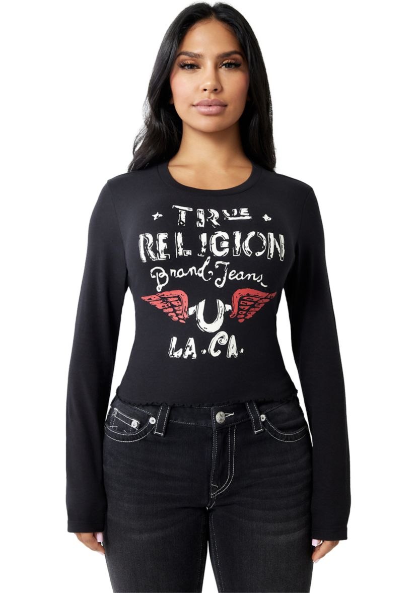Womens Distressed Wings Logo Long Sleeve Baby T-Shirt