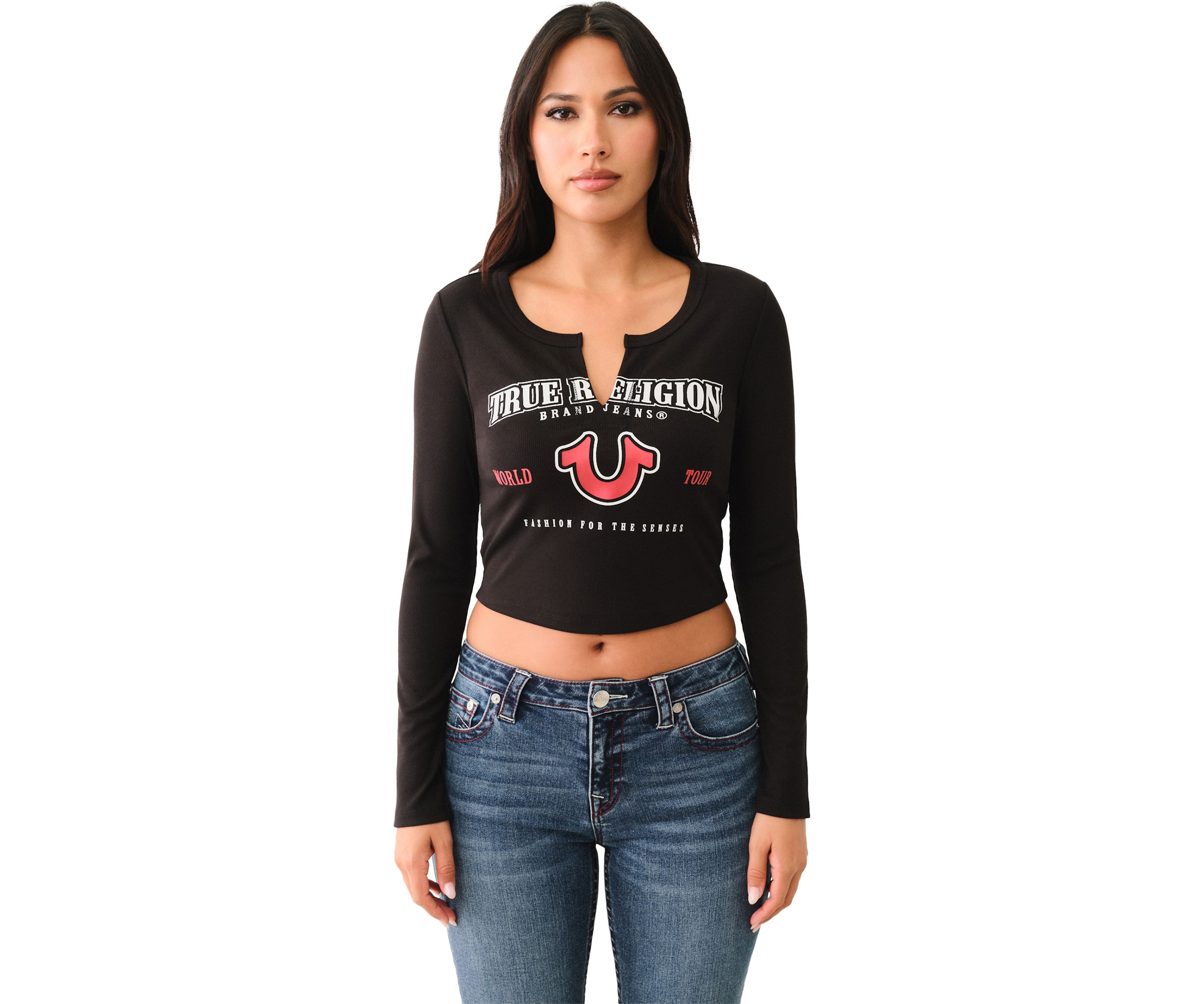 Long Sleeve Ribbed Logo Notched Neck T-Shirt