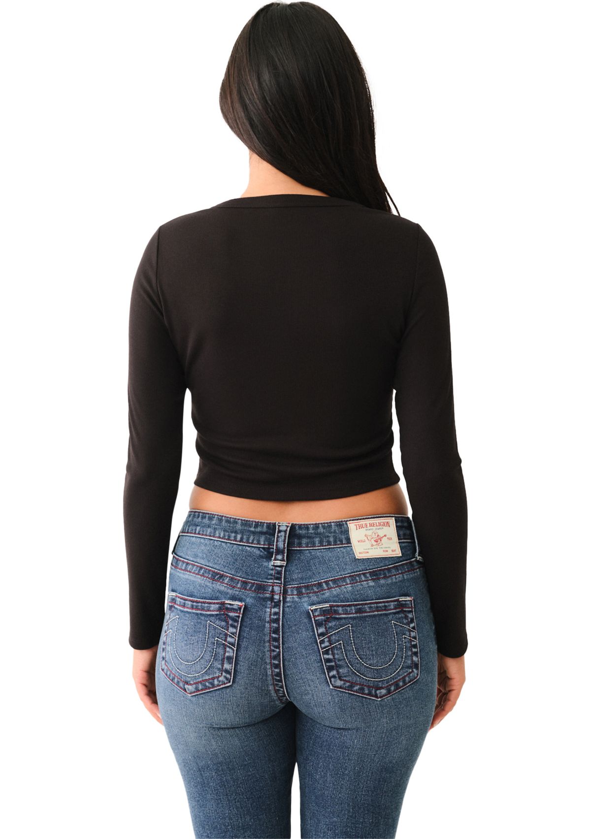 Long Sleeve Ribbed Logo Notched Neck T-Shirt