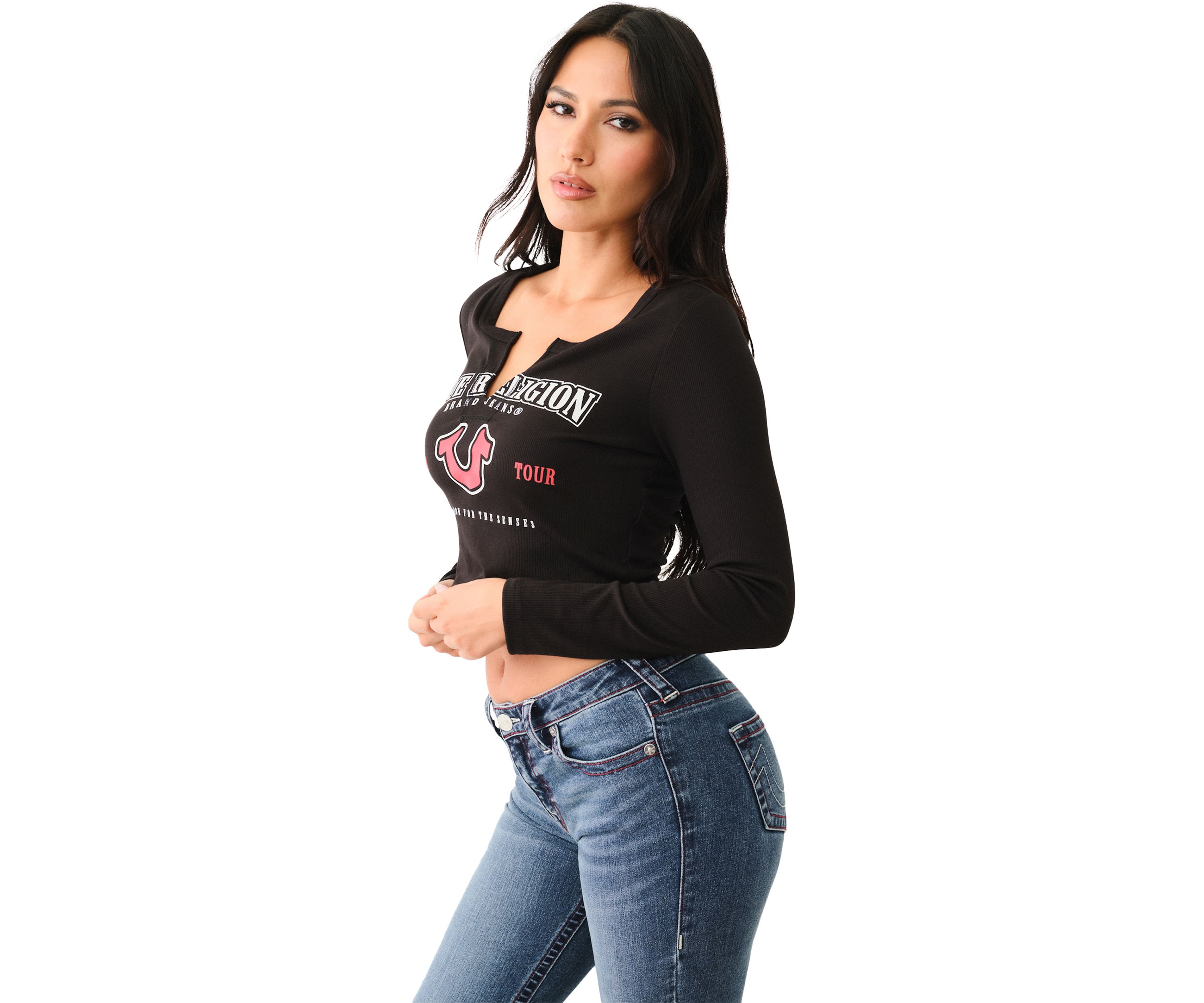 Long Sleeve Ribbed Logo Notched Neck T-Shirt