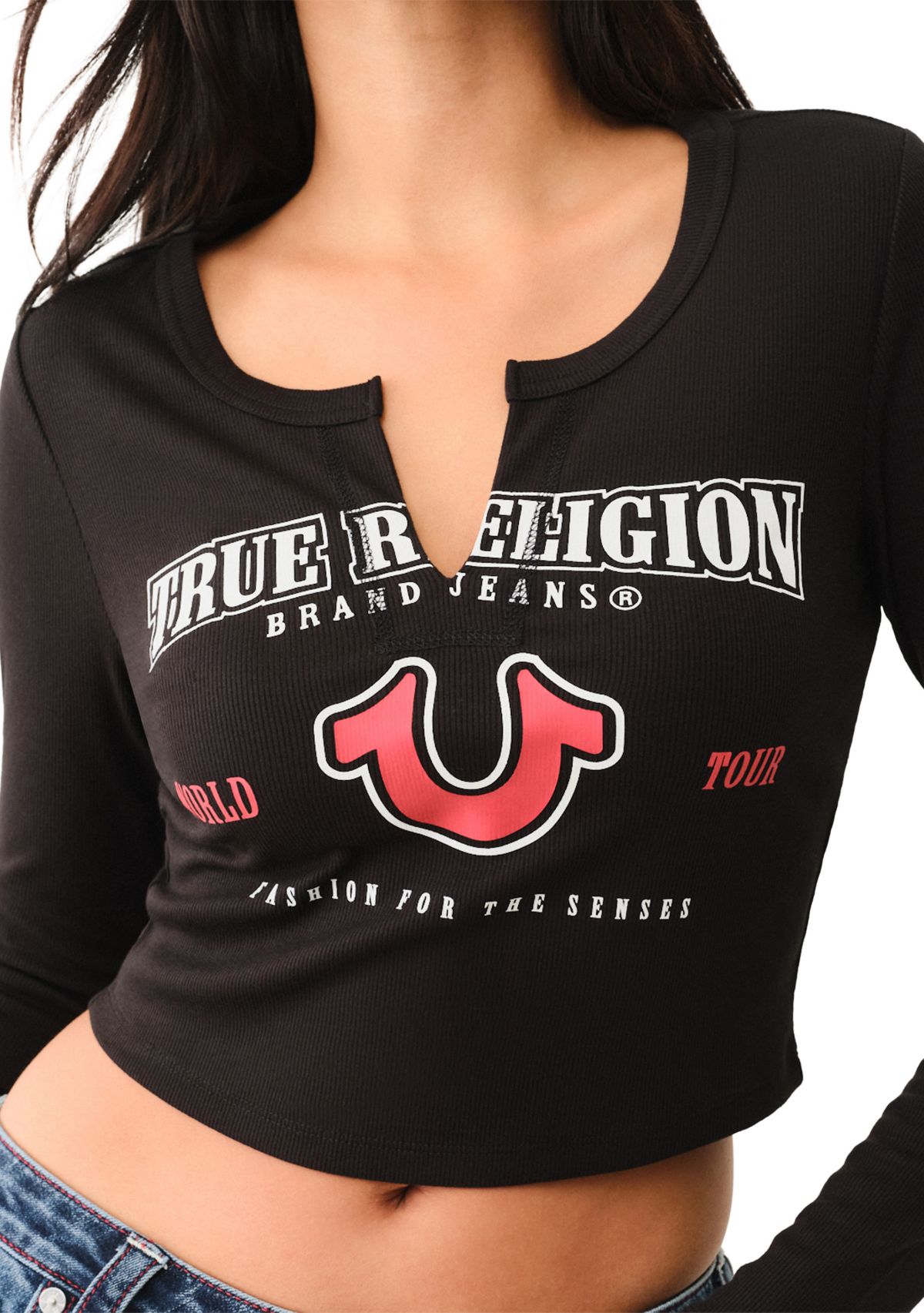 Long Sleeve Ribbed Logo Notched Neck T-Shirt