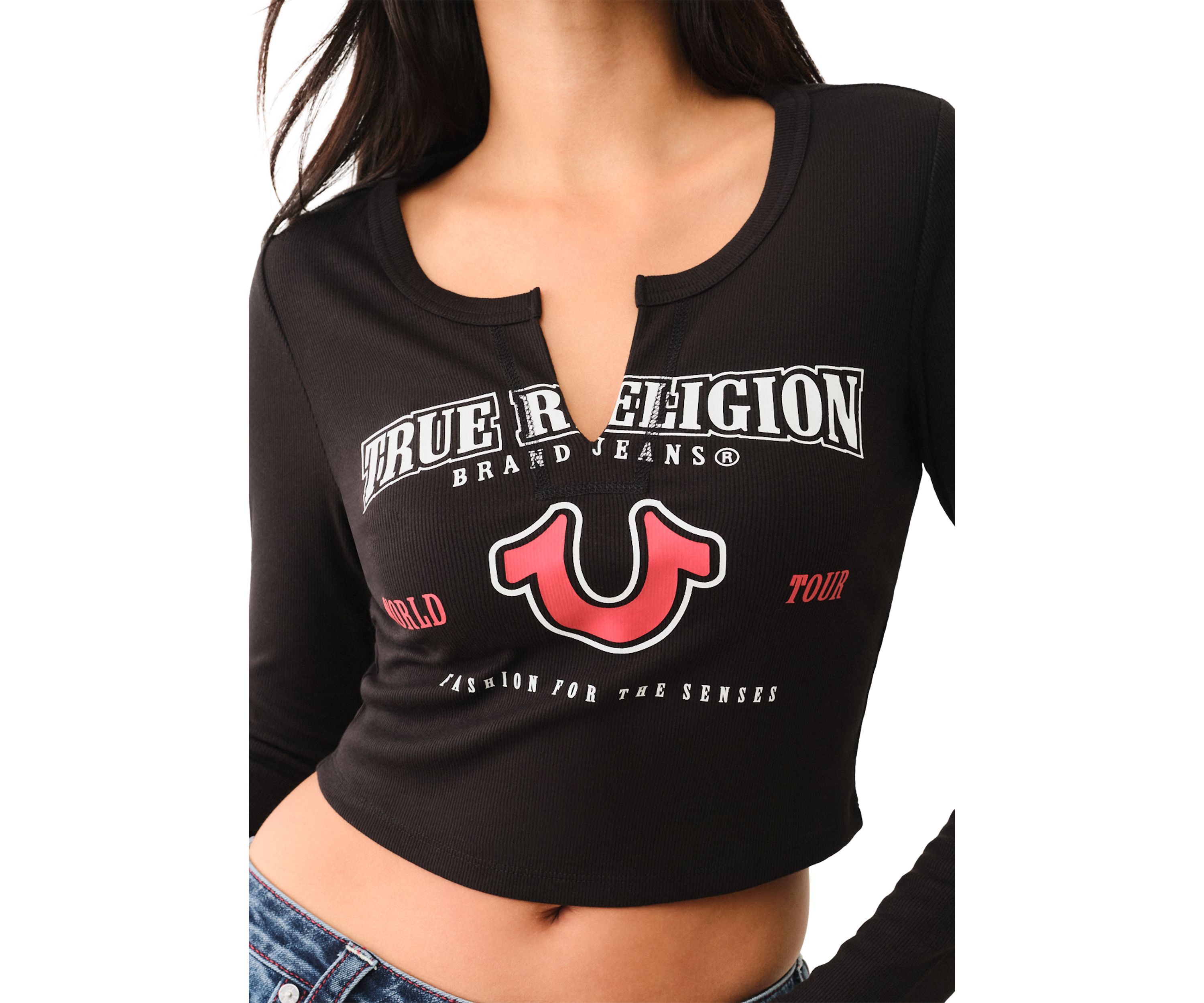 Long Sleeve Ribbed Logo Notched Neck T-Shirt