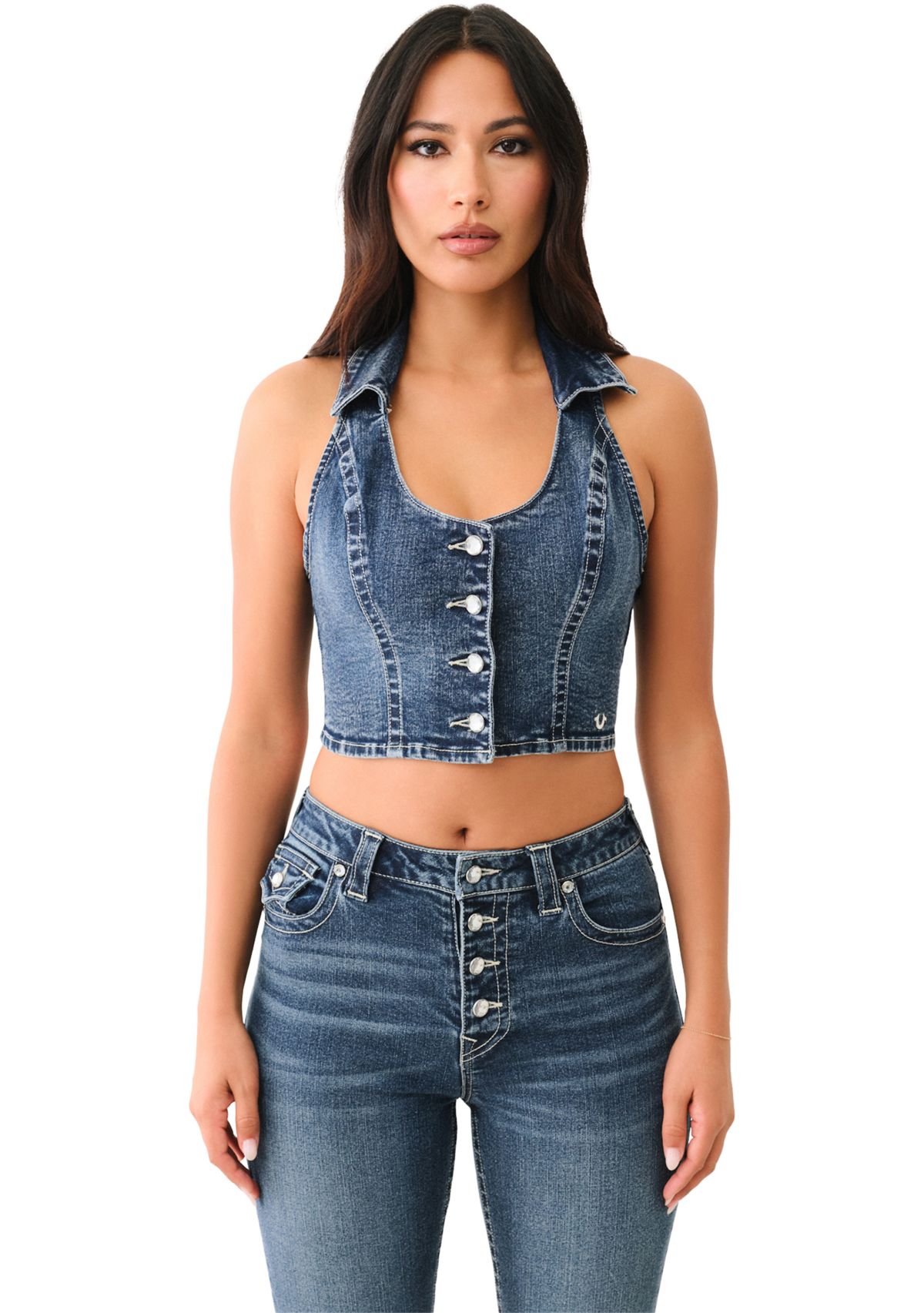 Womens Denim Vest with Crystal Buttons