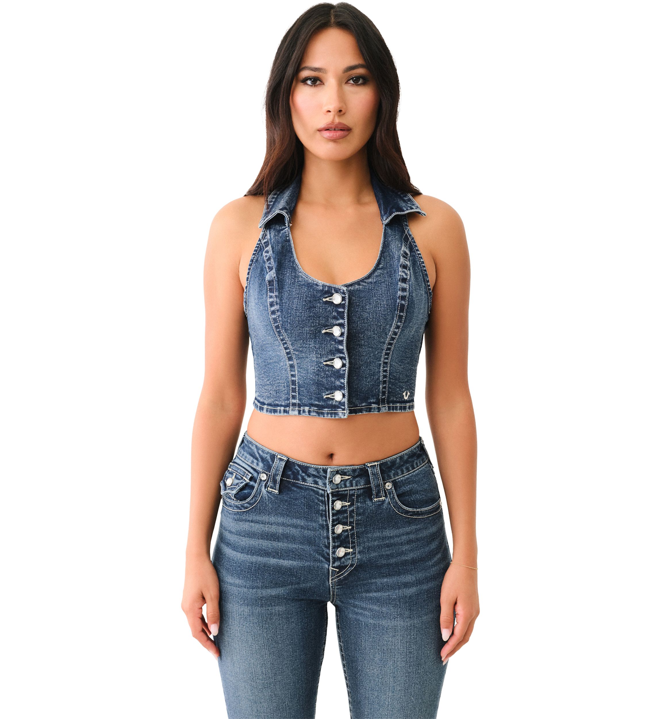 Womens Denim Vest with Crystal Buttons