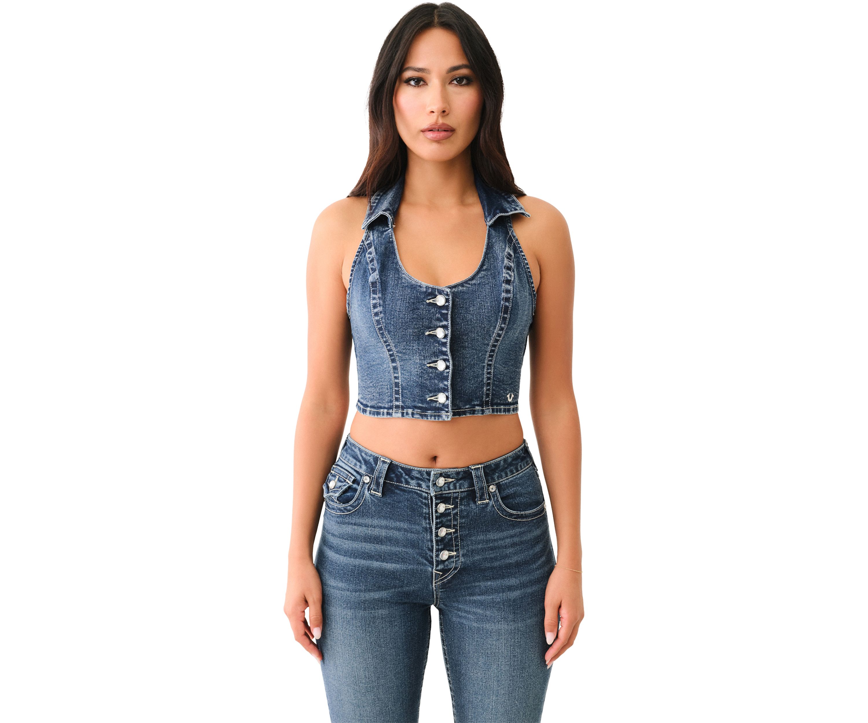 Womens Denim Vest with Crystal Buttons
