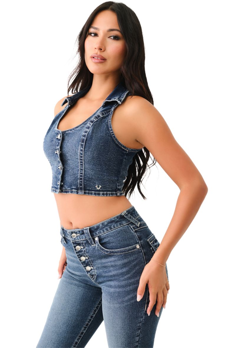 Womens Denim Vest with Crystal Buttons