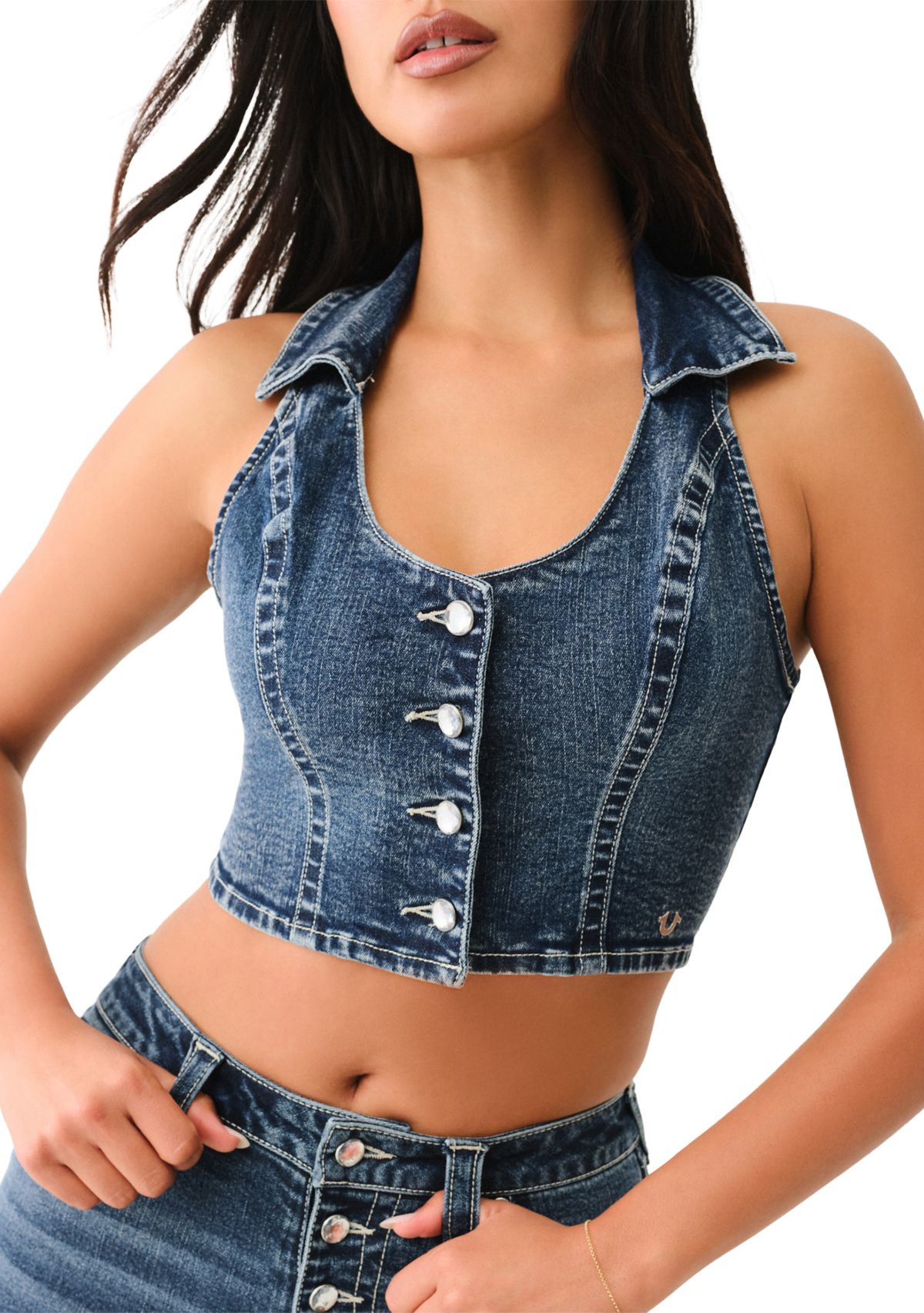 Womens Denim Vest with Crystal Buttons