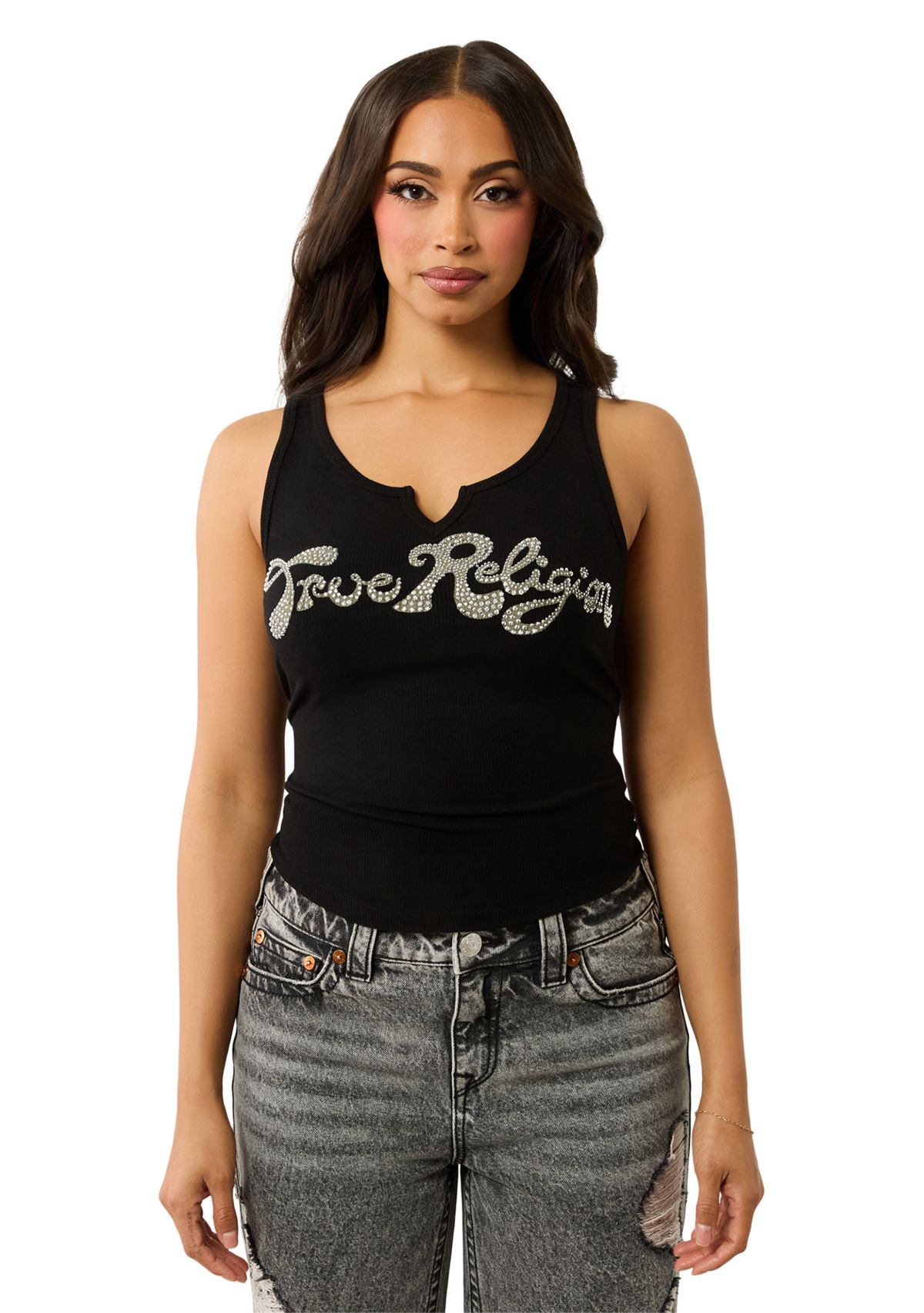 Womens Crystal Logo Notched Tank Top