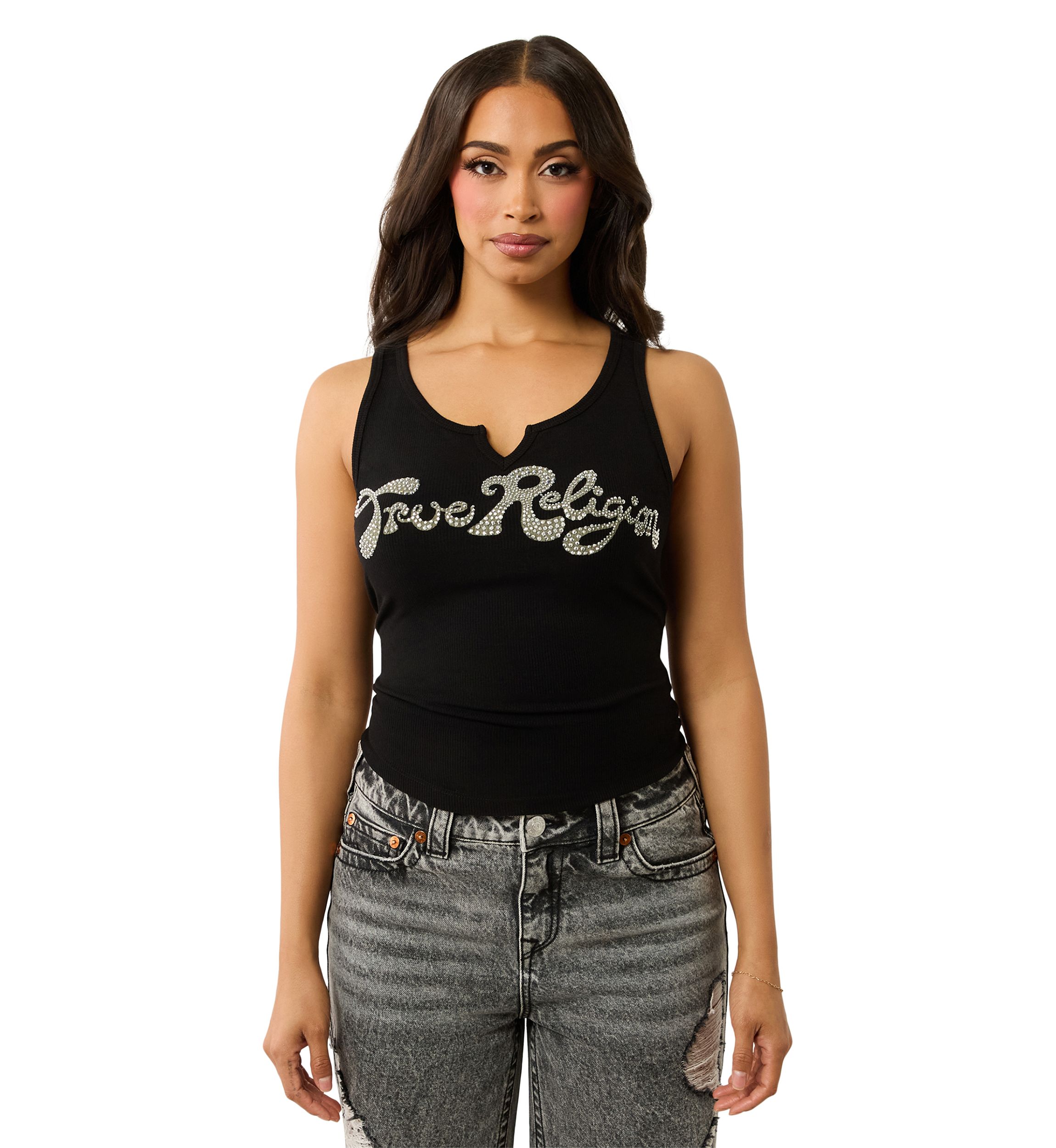 Womens Crystal Logo Notched Tank Top