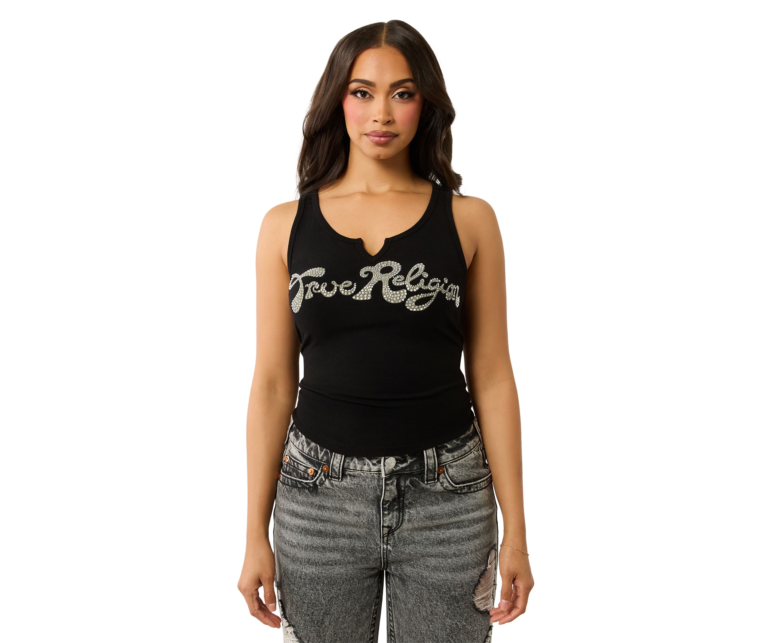 Womens Crystal Logo Notched Tank Top