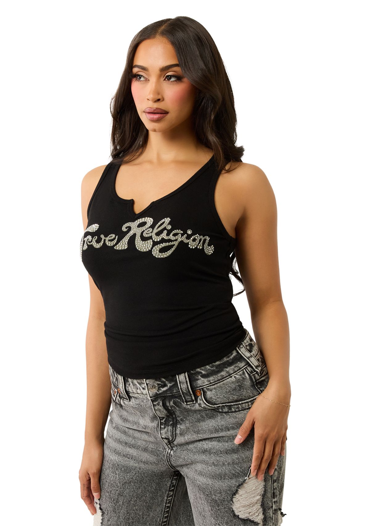 Womens Crystal Logo Notched Tank Top
