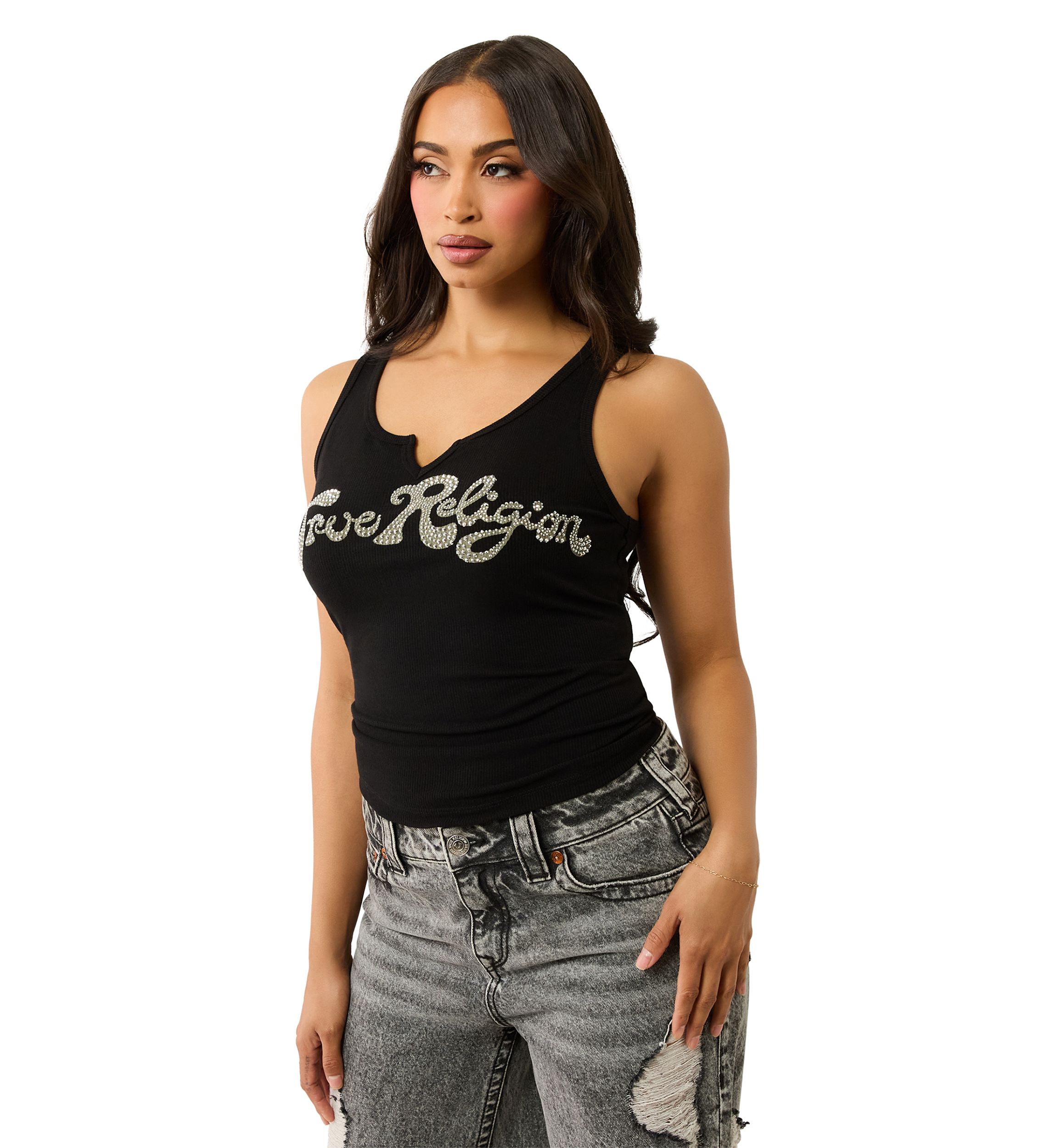 Womens Crystal Logo Notched Tank Top