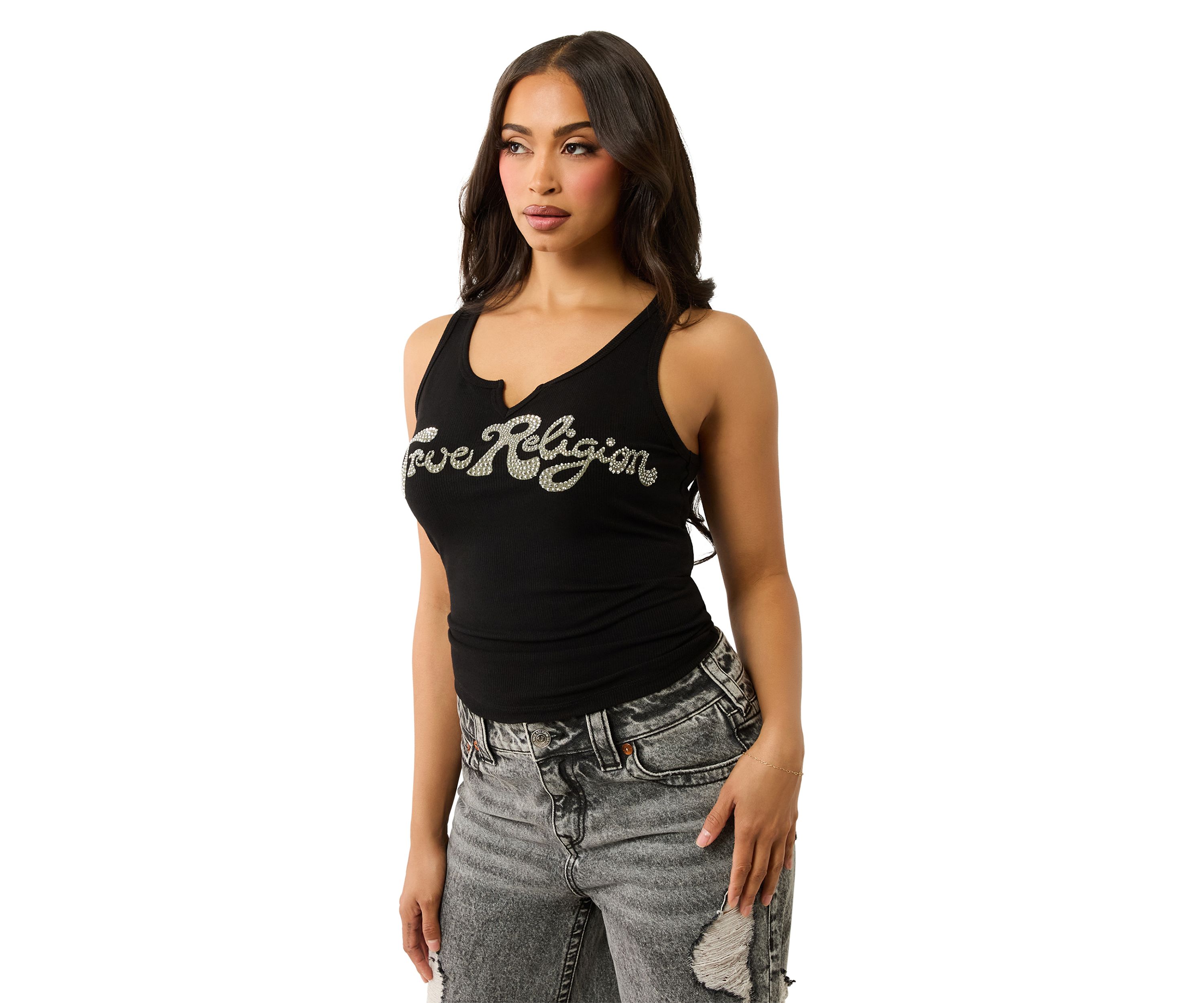 Womens Crystal Logo Notched Tank Top