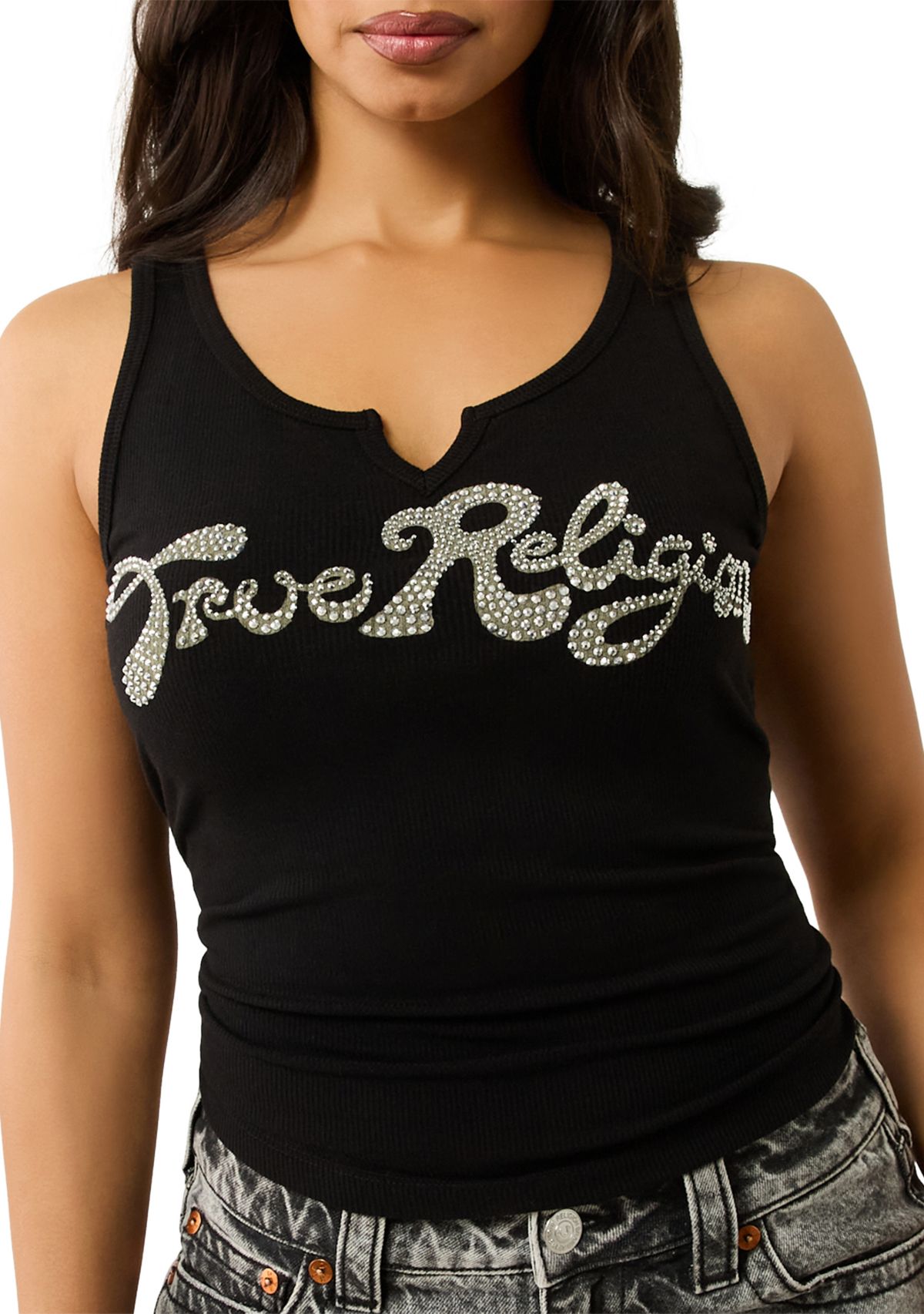 Womens Crystal Logo Notched Tank Top