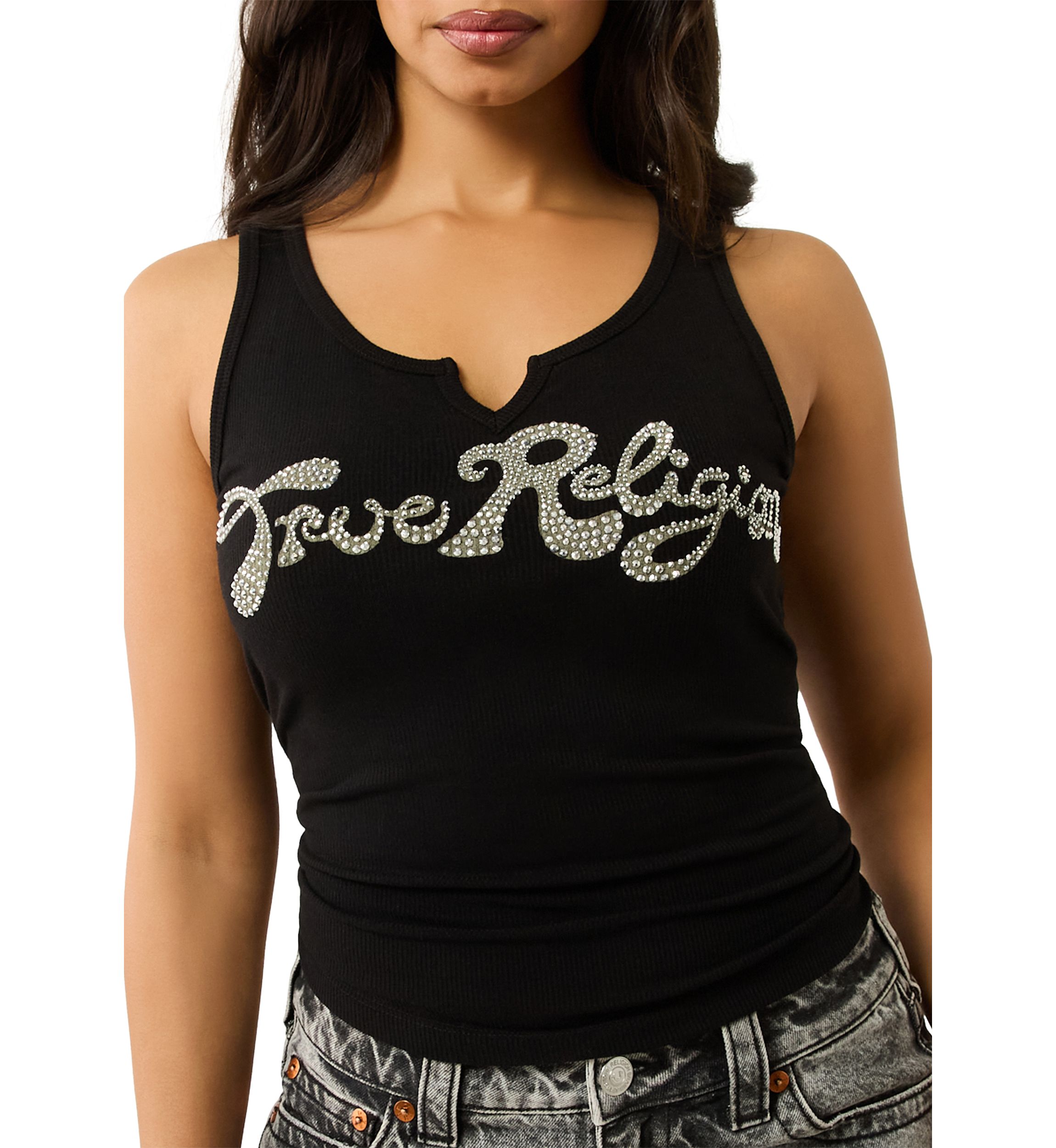 Womens Crystal Logo Notched Tank Top