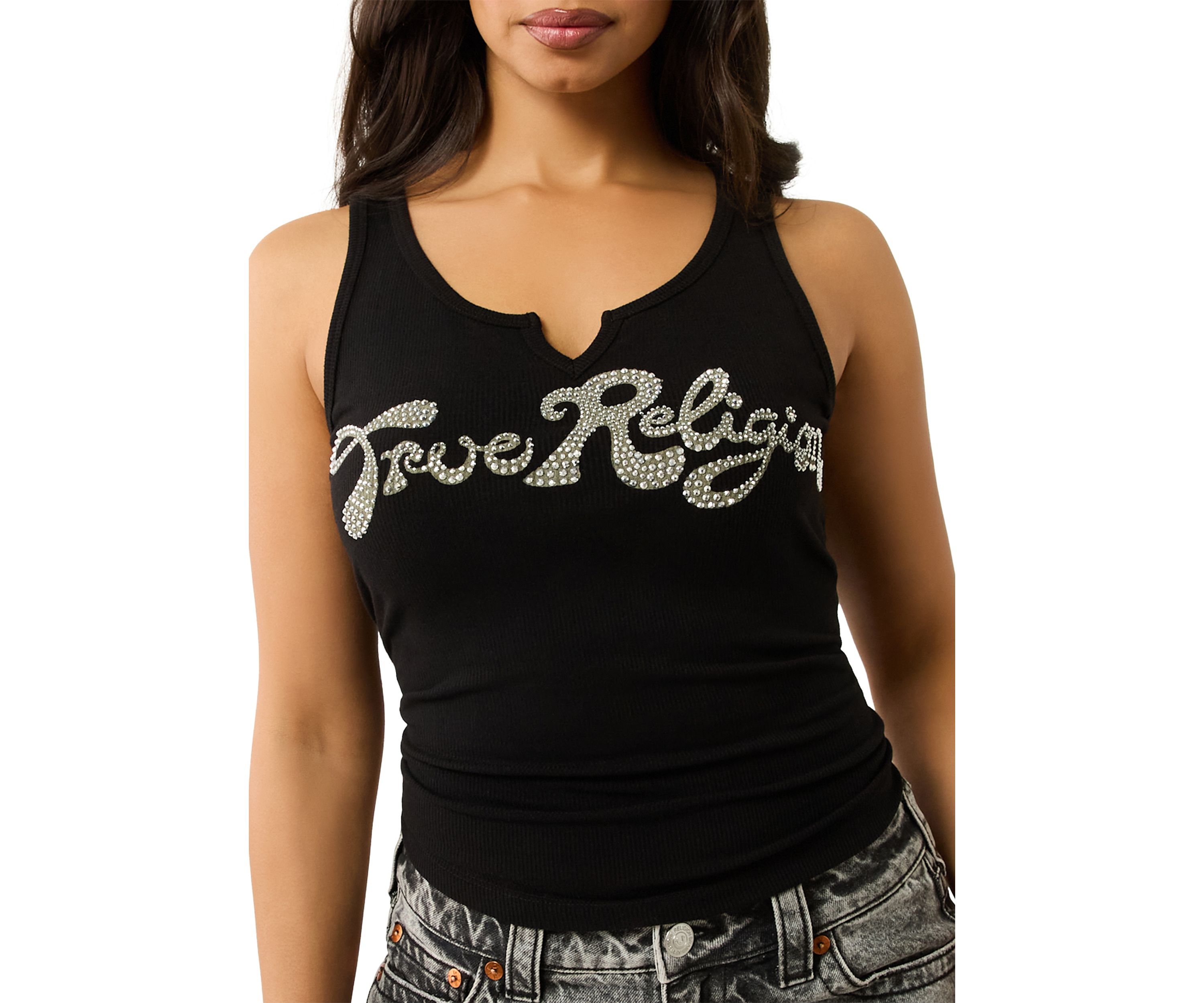 Womens Crystal Logo Notched Tank Top