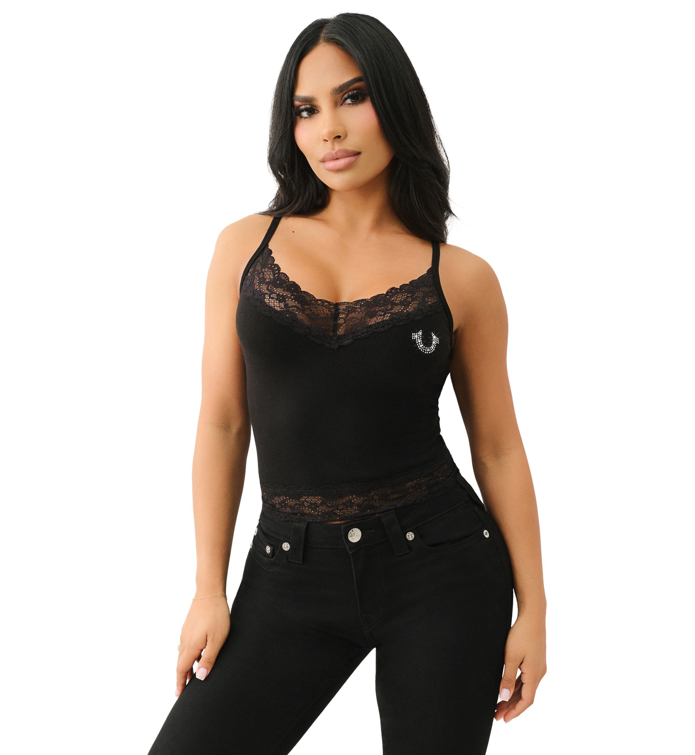 Womens Lace Crystal Horseshoe Camisole Top