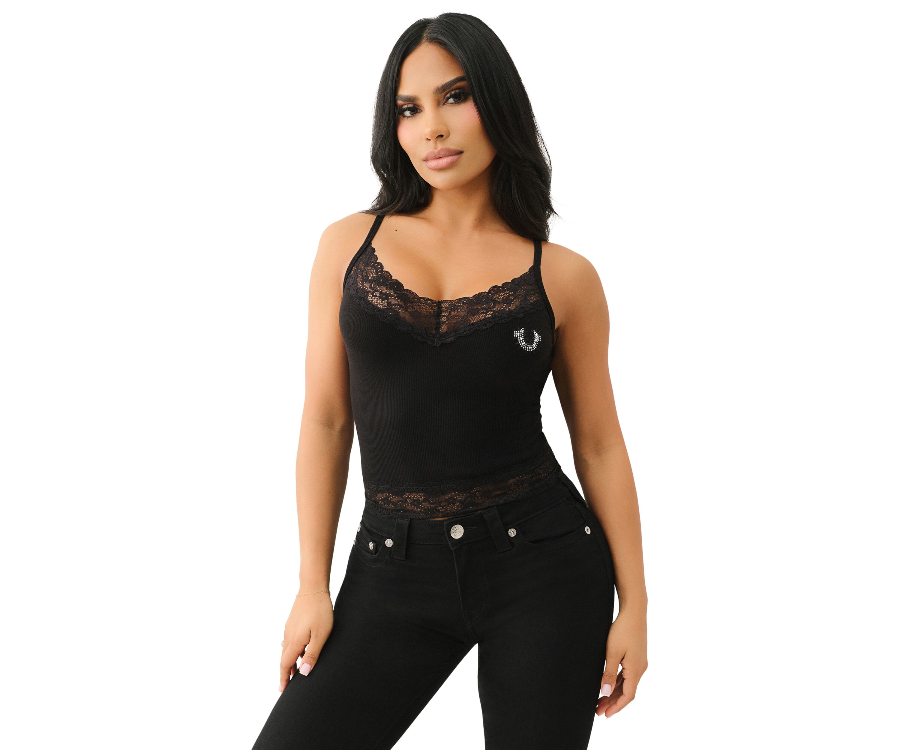 Womens Lace Crystal Horseshoe Camisole Top