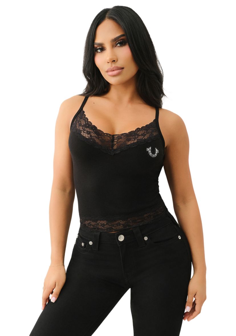 Womens Lace Crystal Horseshoe Camisole Top