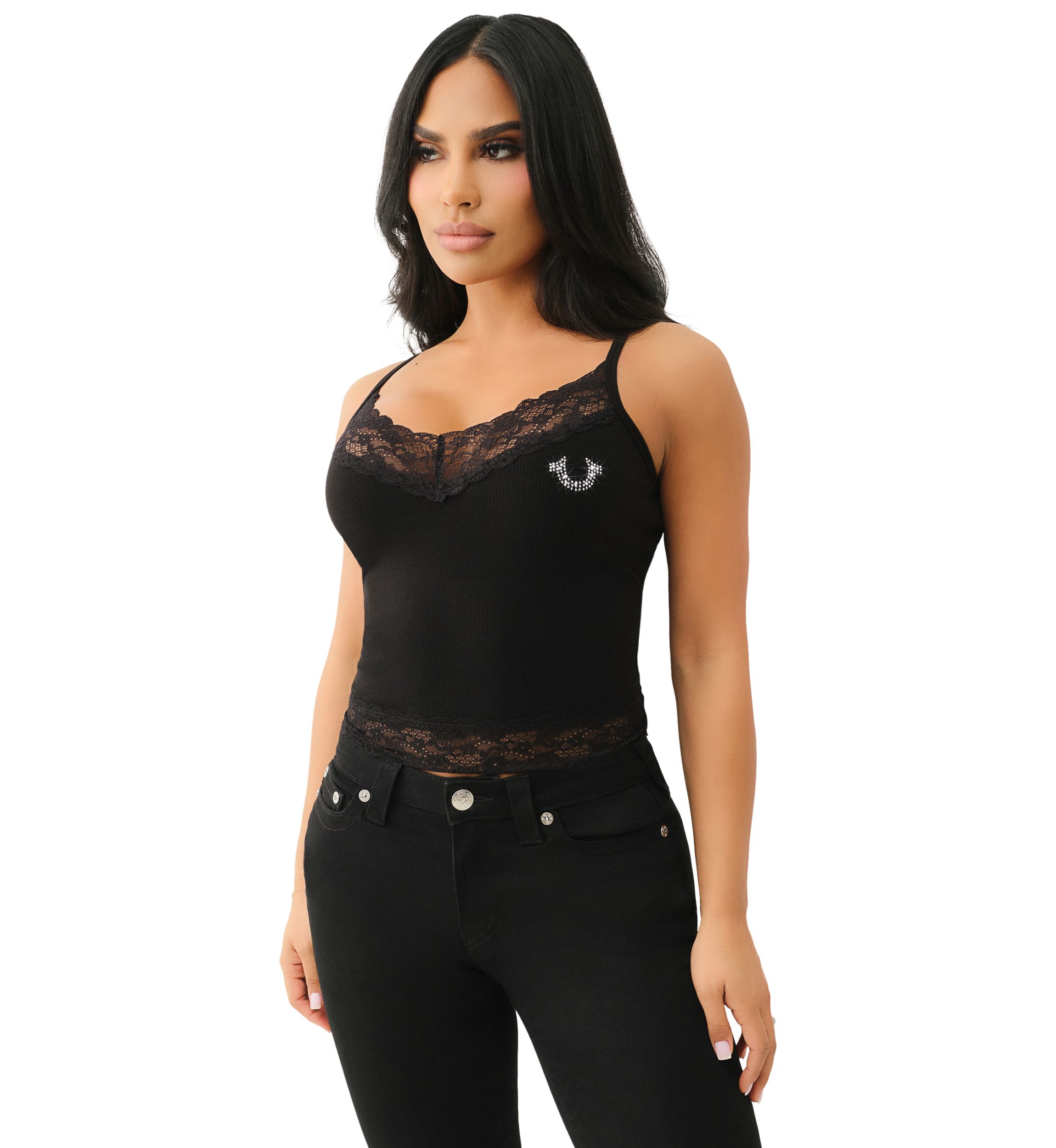 Womens Lace Crystal Horseshoe Camisole Top