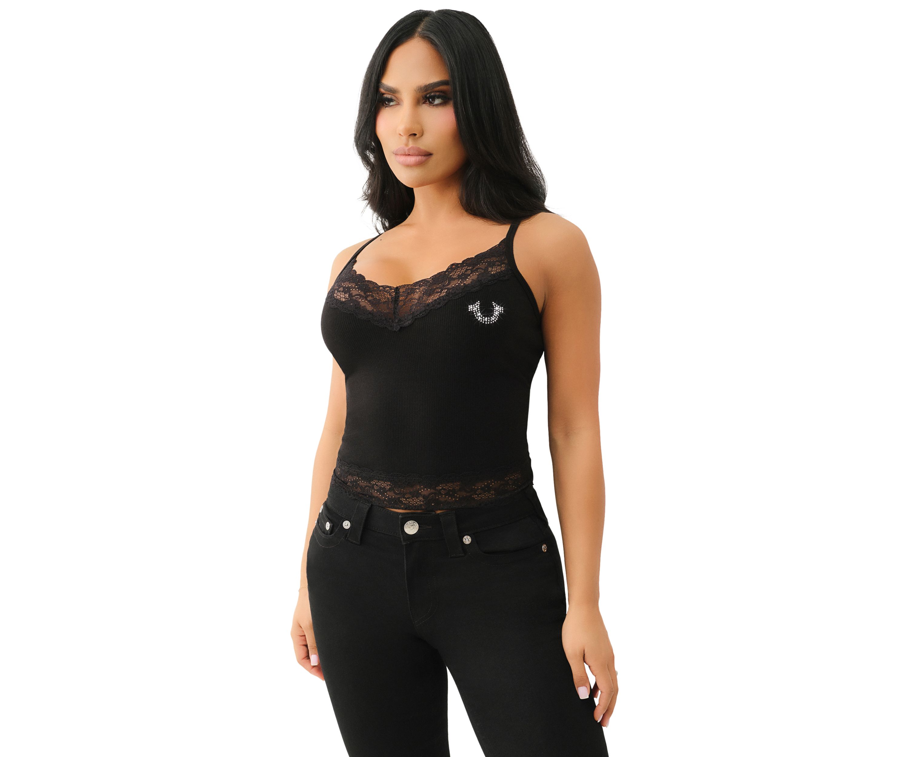 Womens Lace Crystal Horseshoe Camisole Top