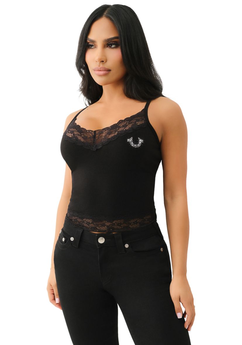 Womens Lace Crystal Horseshoe Camisole Top