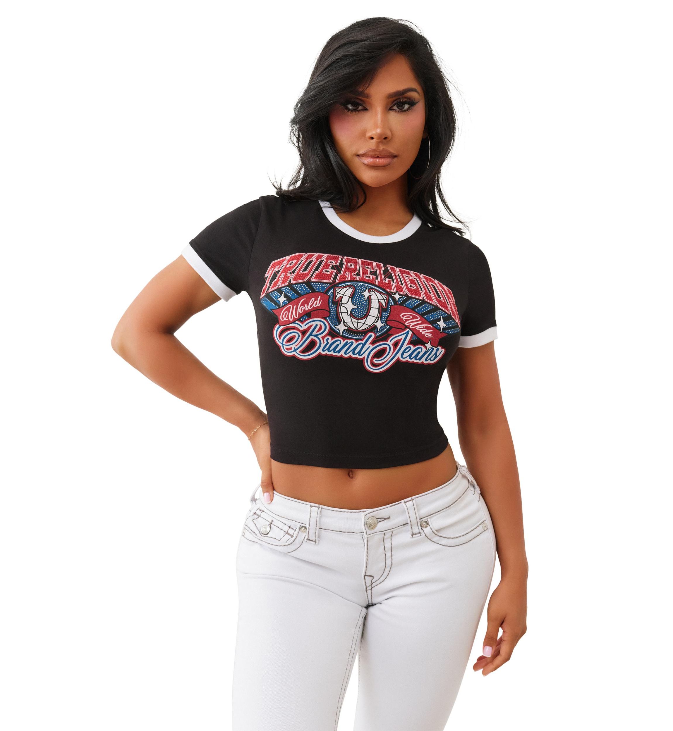 Womens Ringer Baby Tee with Crystal Logo