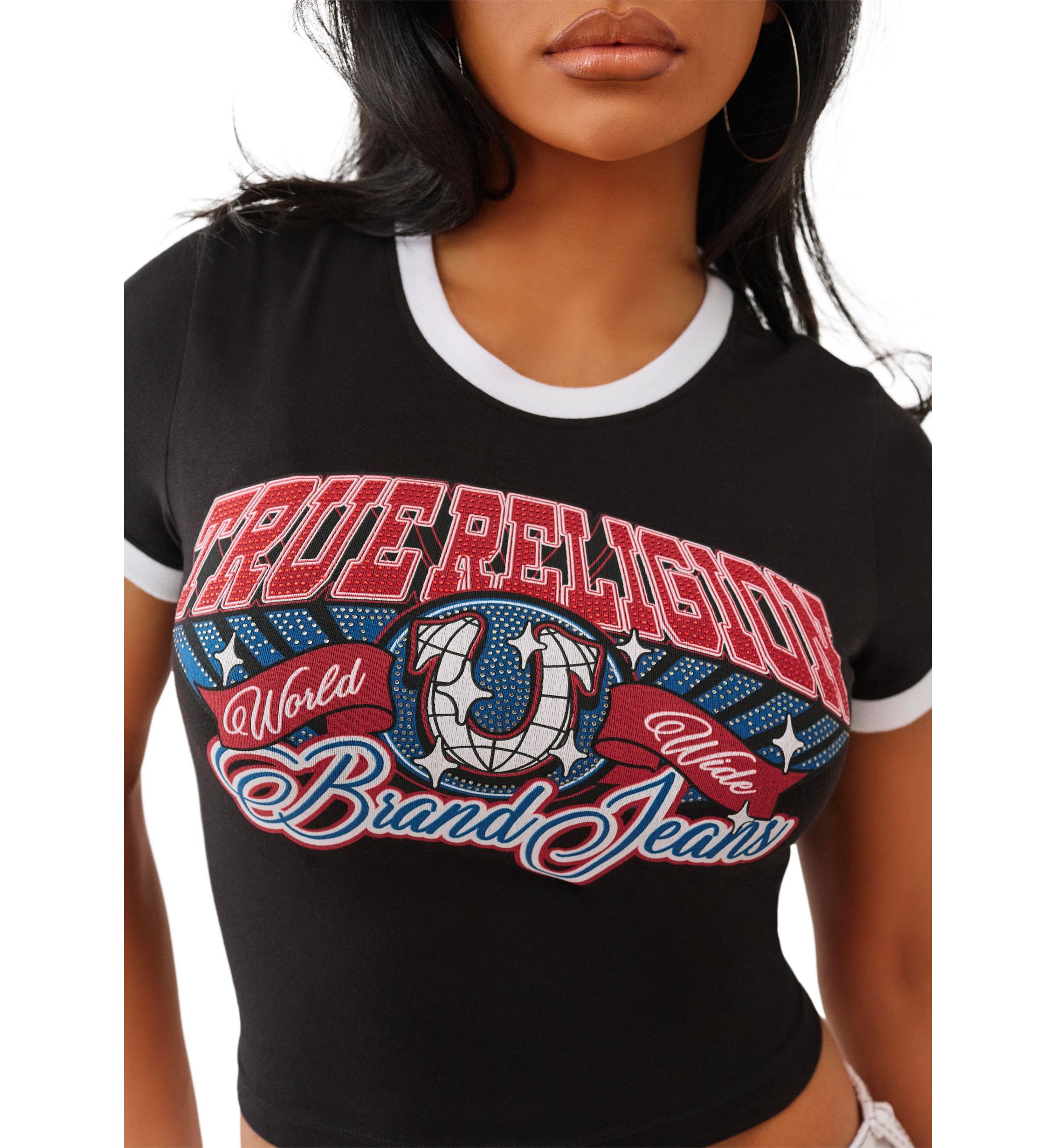 Womens Ringer Baby Tee with Crystal Logo