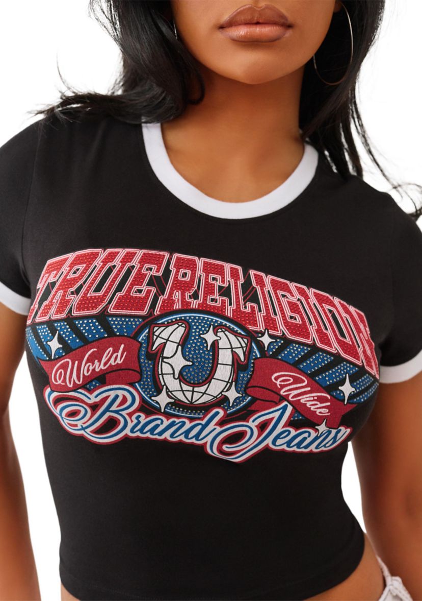 Womens Ringer Baby Tee with Crystal Logo