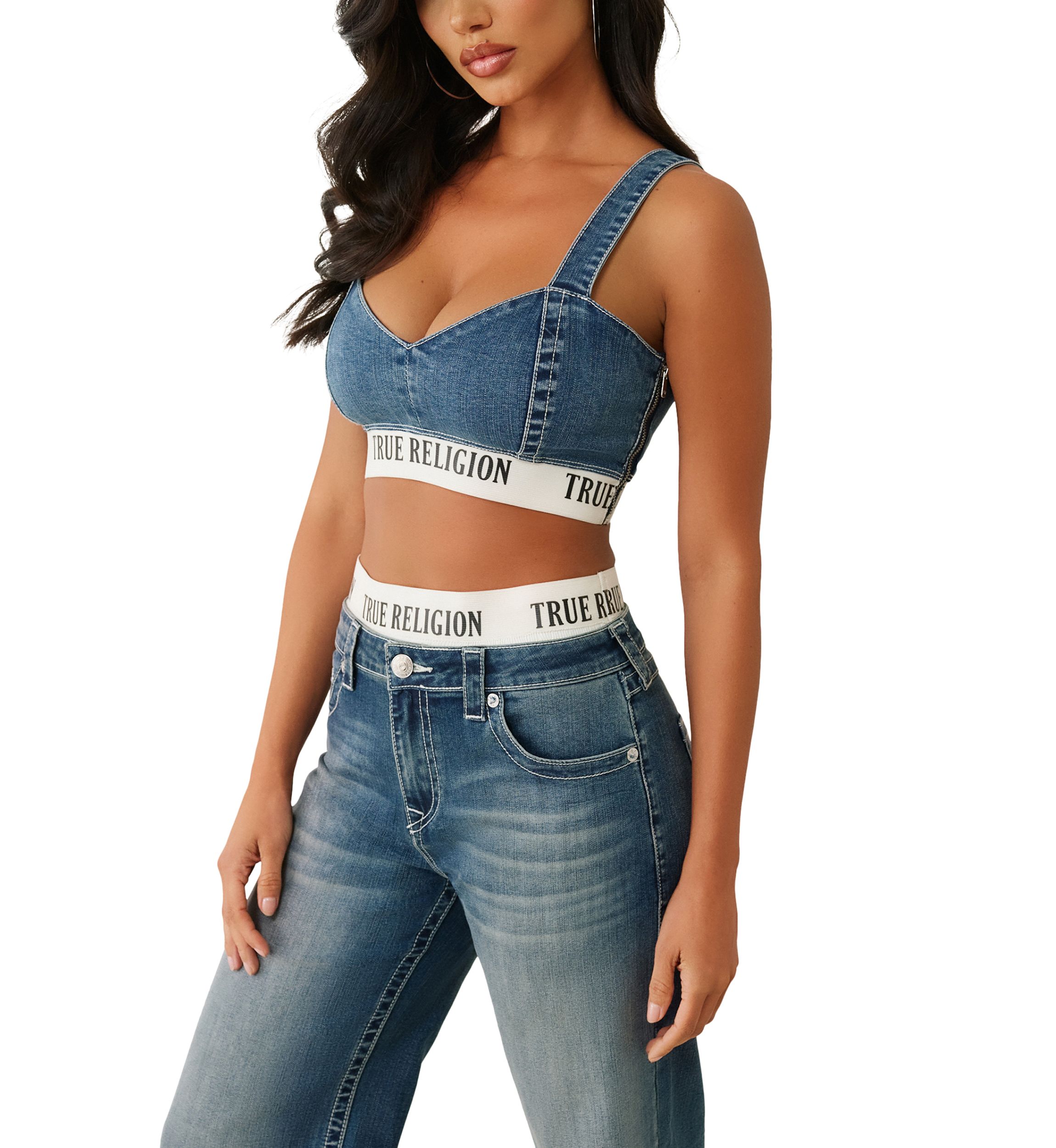 Womens Denim Bra Top with Logo Taping
